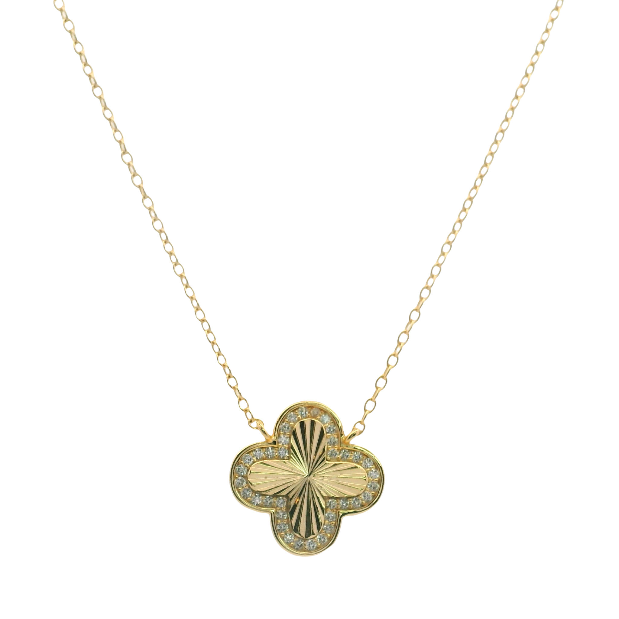 925YG CLOVER TEXTURE WITH CZ AROUND NECKLACE