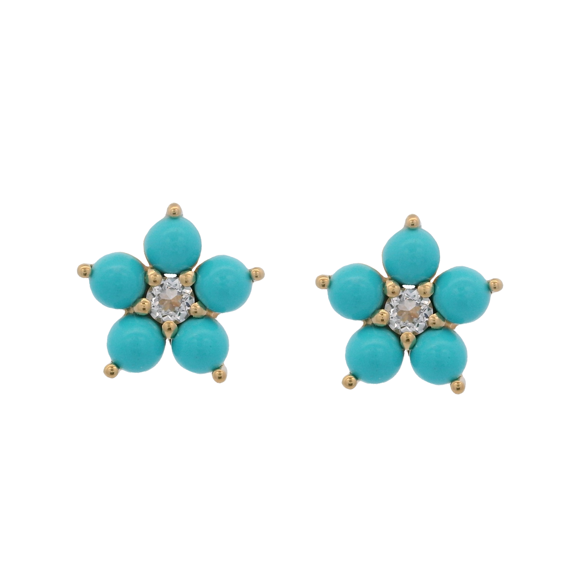 925YG FLOWER 10MM TURQUOISE SYN CENTER TOPAZ WHITE EARRINGS