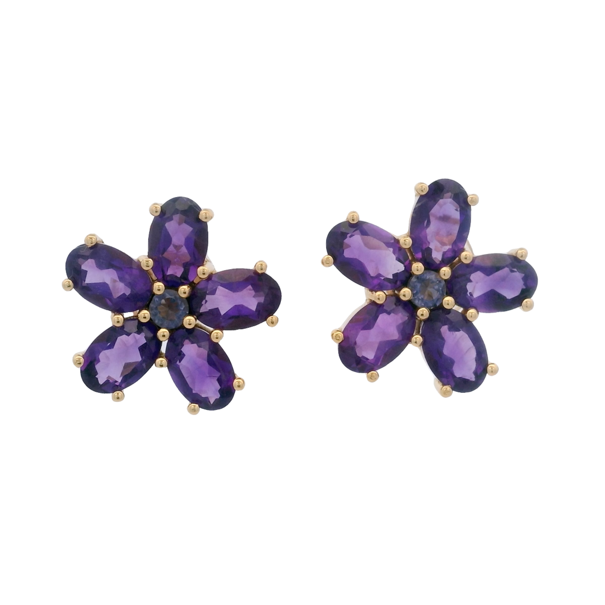 925YG FLOWER 14MM AMETHYST CENTER IOLITE EARRINGS