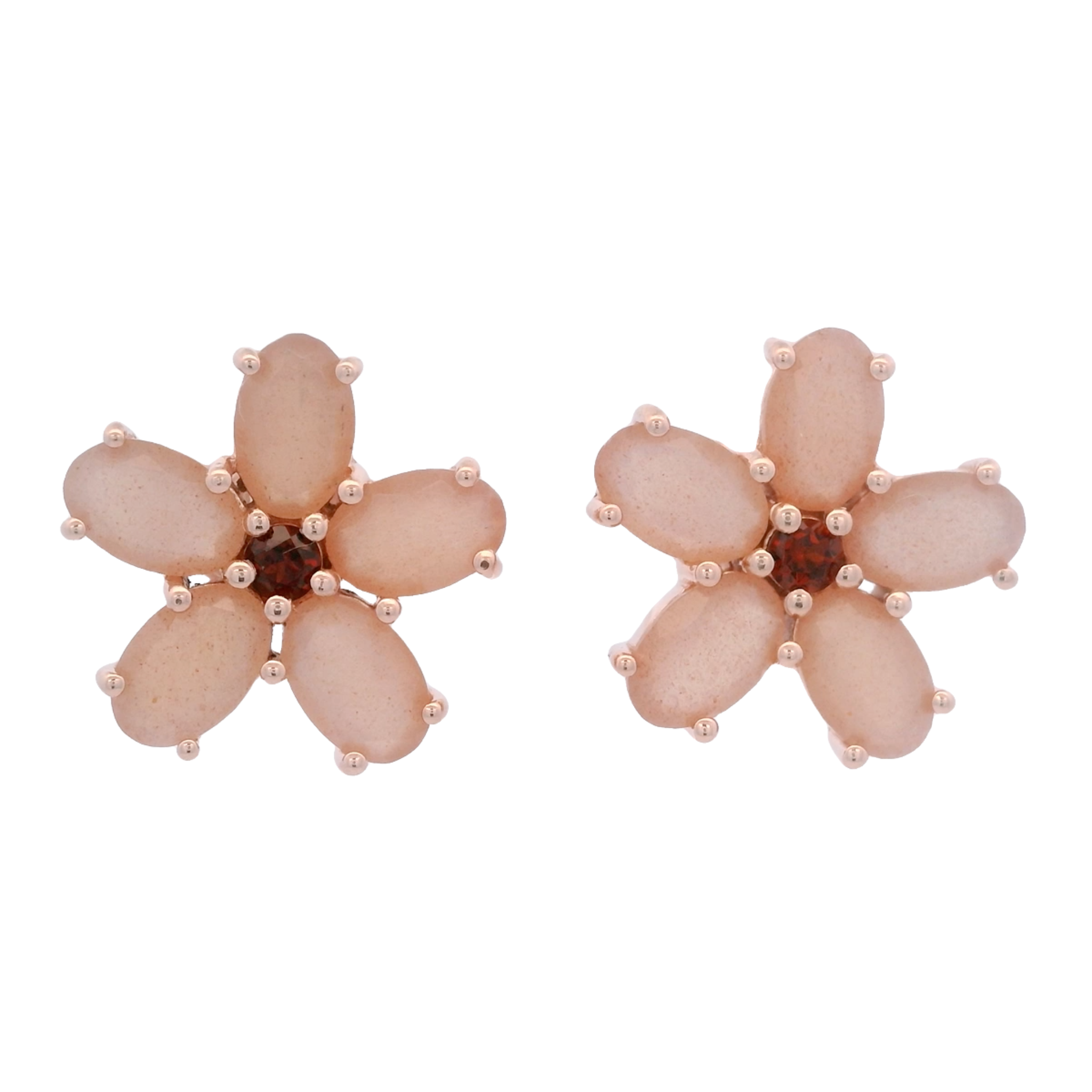 925RG FLOWER 14MM MOONSTONE CENTER GARNET EARRINGS