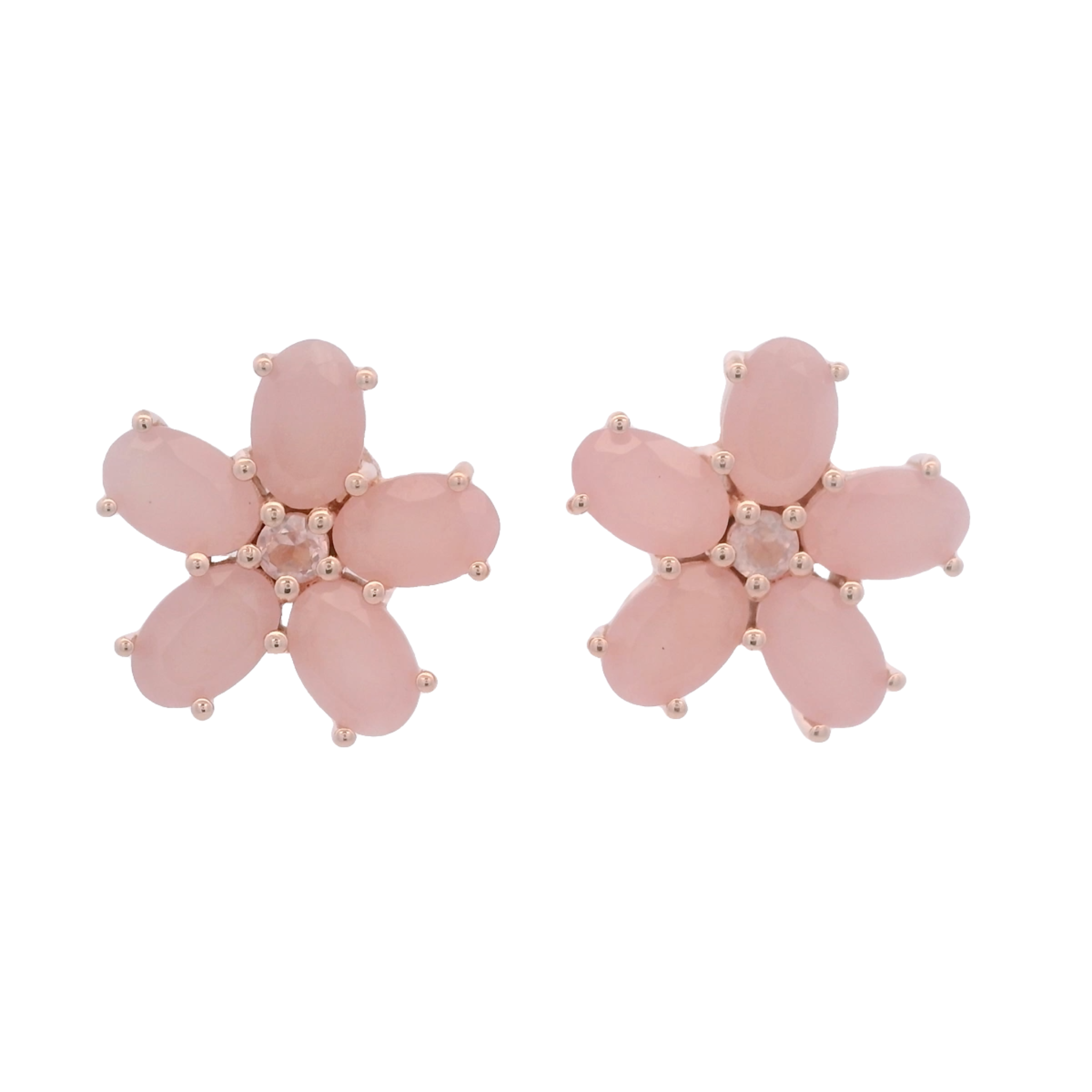 925RG FLOWER 14MM PINK QUARTZ CENTER ROSE QUARTZ EARRINGS