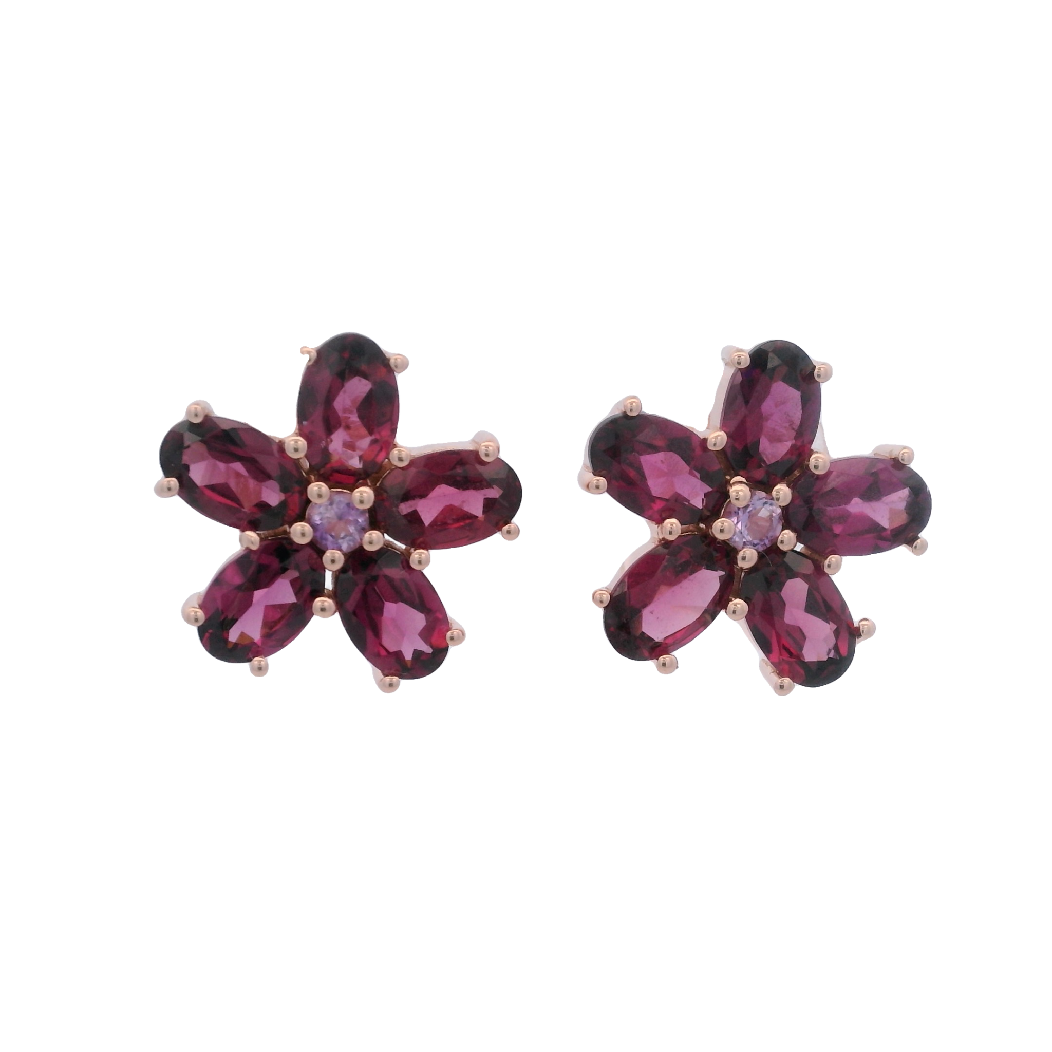 925RG FLOWER 14MM GARNET CENTER AMETHYST EARRINGS