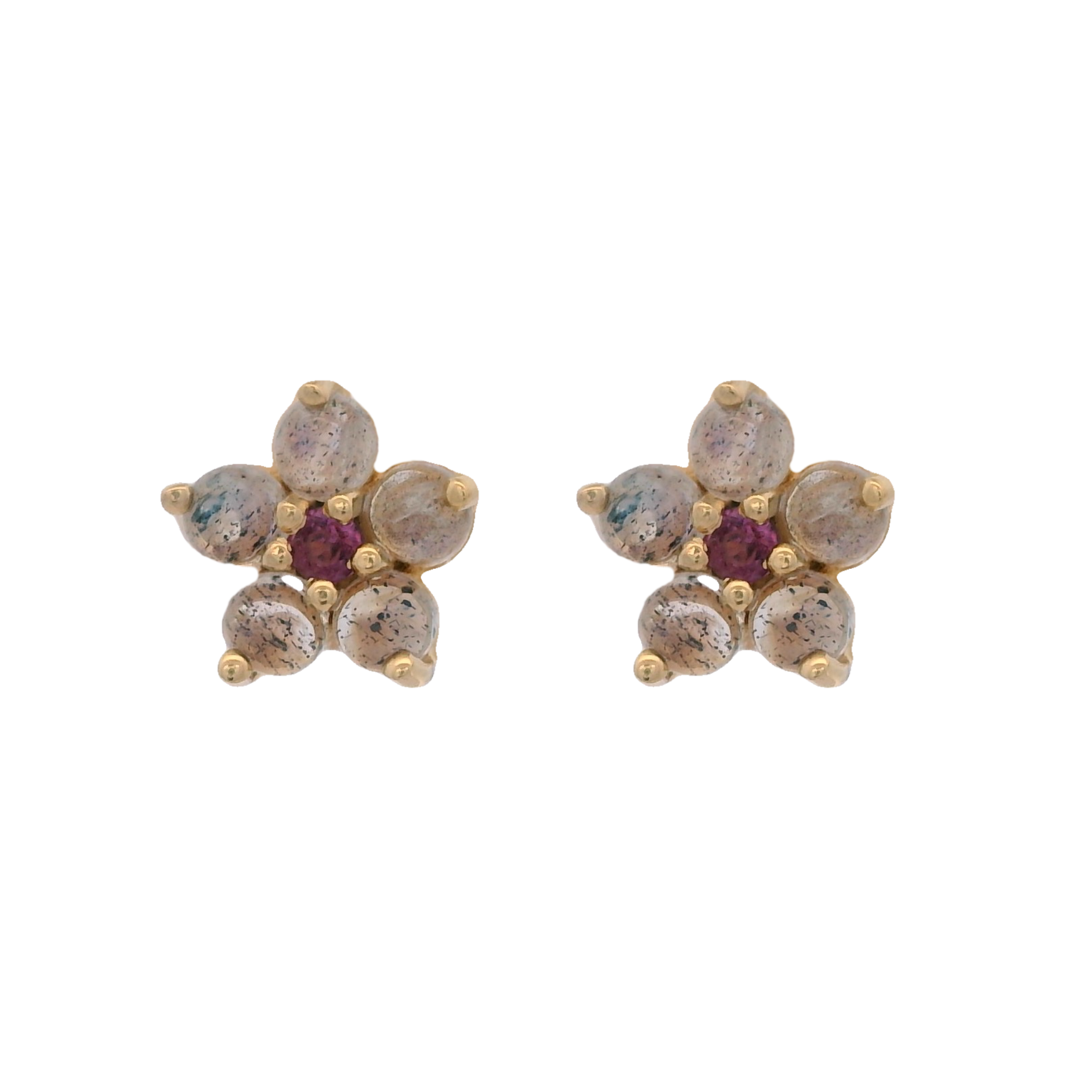 925YG FLOWER 6MM LABRADORITE CENTER GARNET EARRINGS