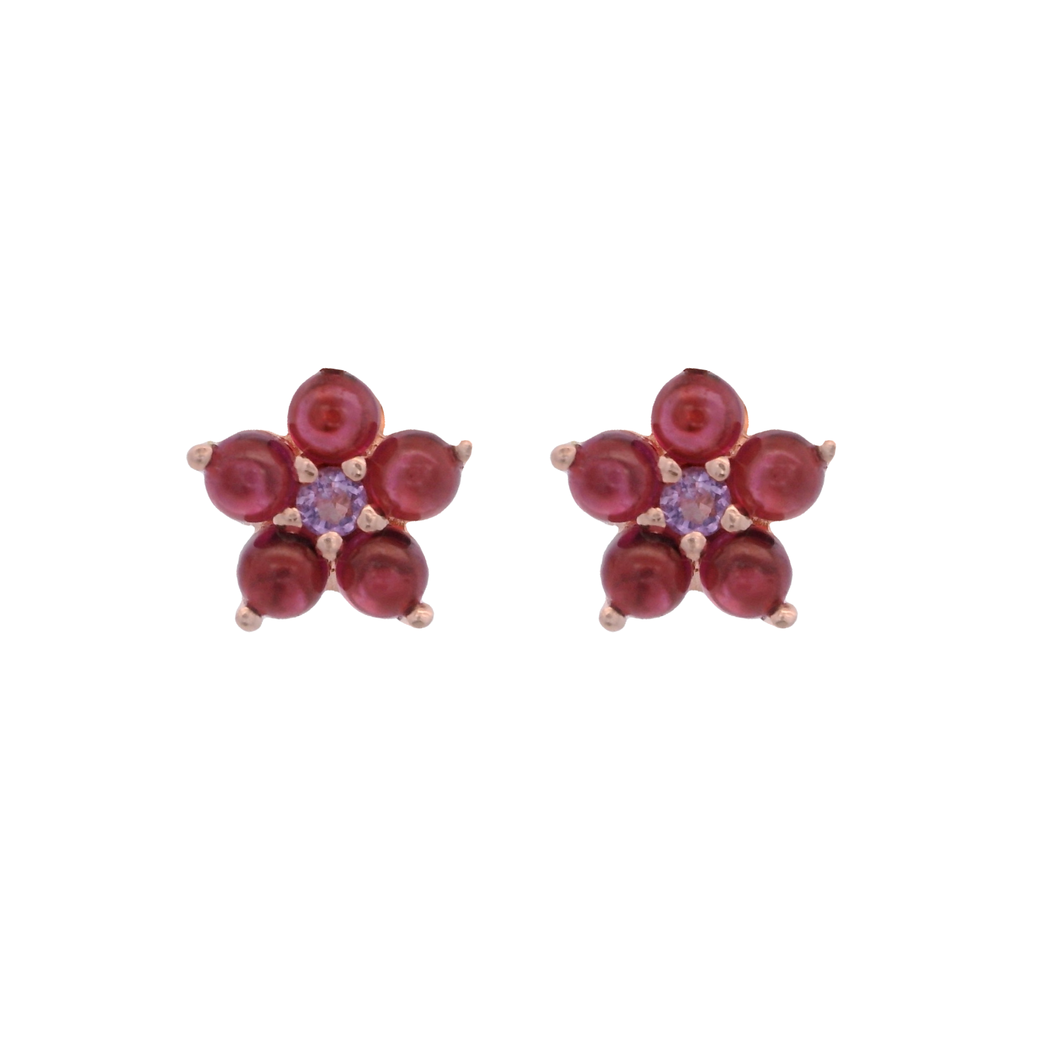 925RG FLOWER 6MM GARNET CENTER AMETHYST EARRINGS