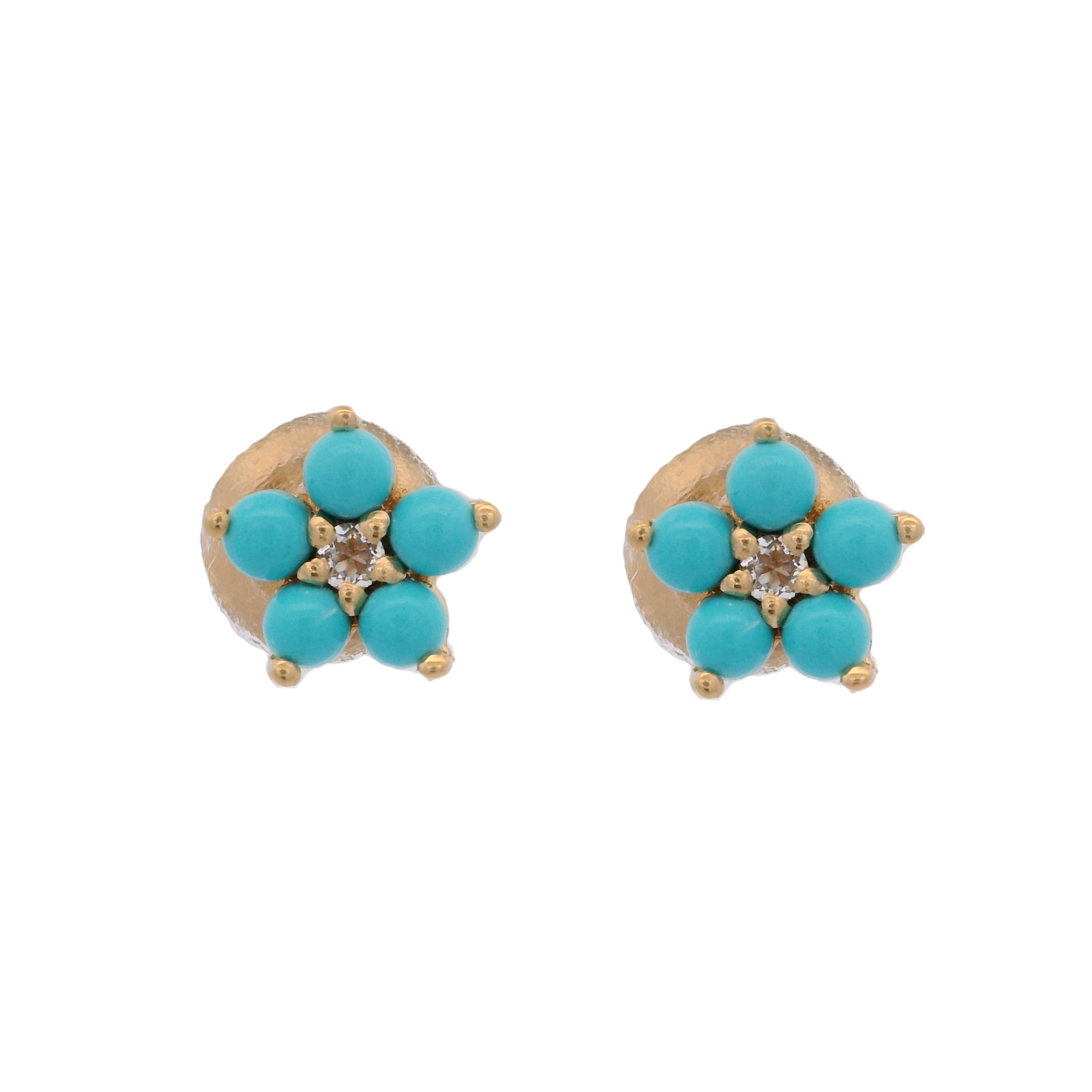 925YG FLOWER 6MM TURQUOISE SYN CENTER TOPAZ WHITE EARRINGS