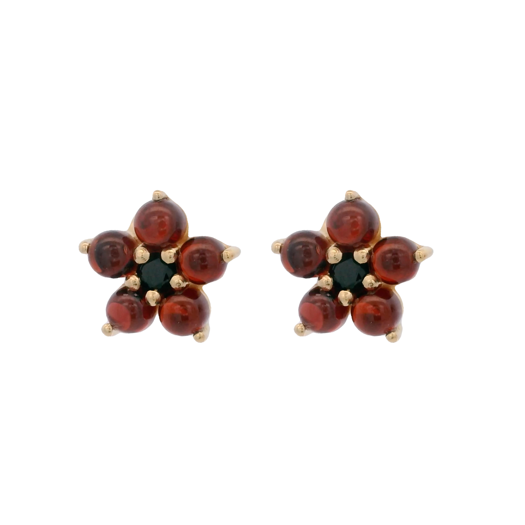 925YG FLOWER 8MM GARNET CENTER SPINEL BLACK EARRINGS
