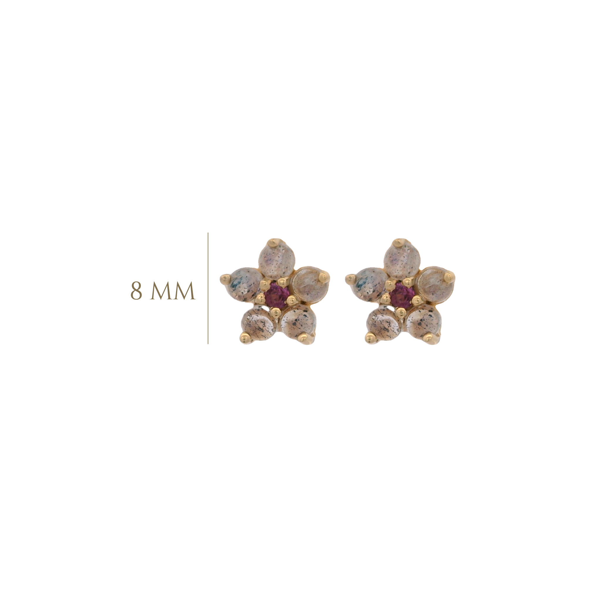 925YG FLOWER 6MM LABRADORITE CENTER GARNET EARRINGS