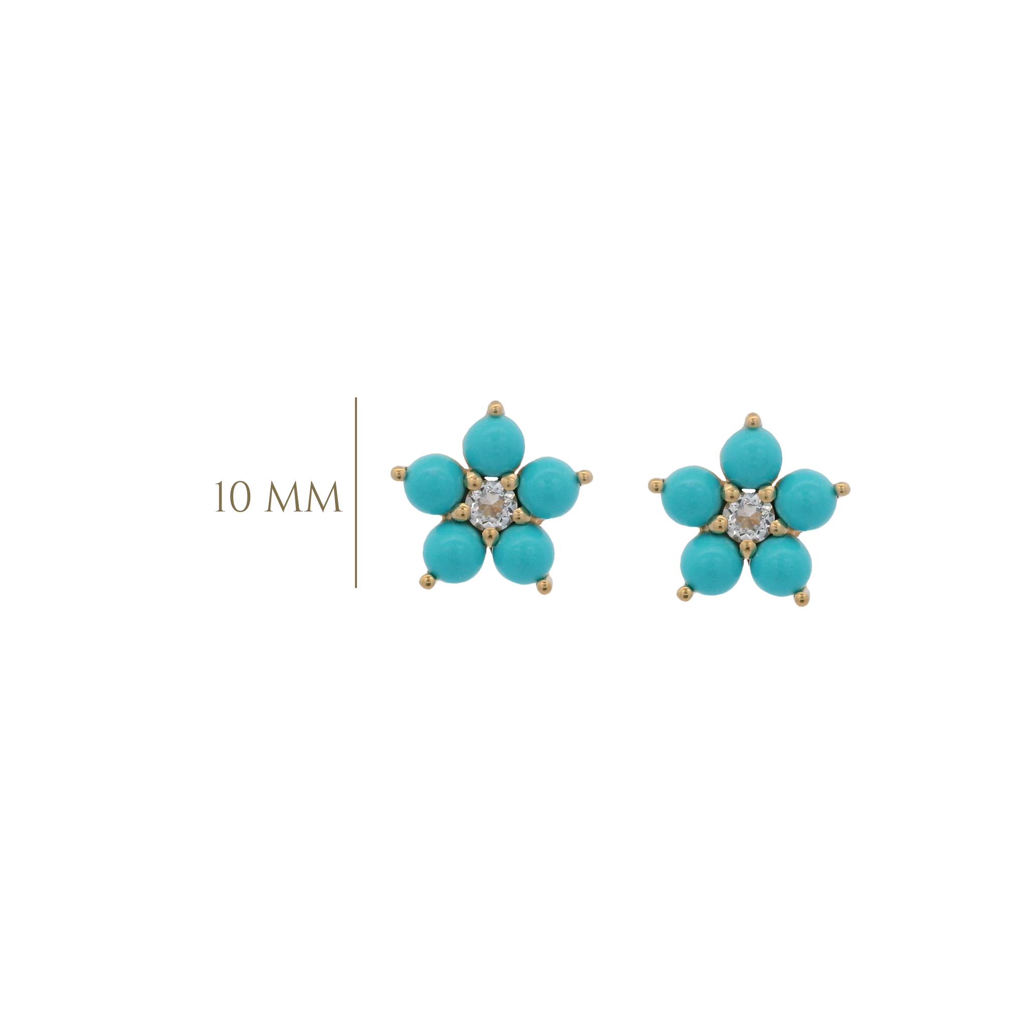 925YG FLOWER 10MM TURQUOISE SYN CENTER TOPAZ WHITE EARRINGS