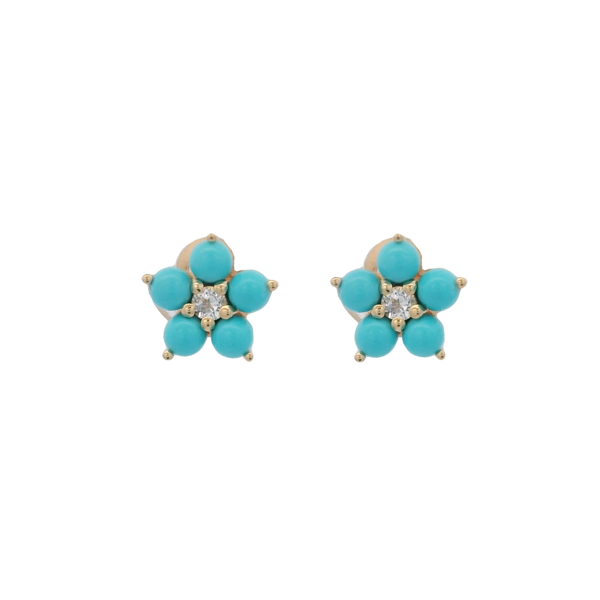925YG FLOWER 8MM TURQUOISE SYN CENTER TOPAZ WHITE EARRINGS