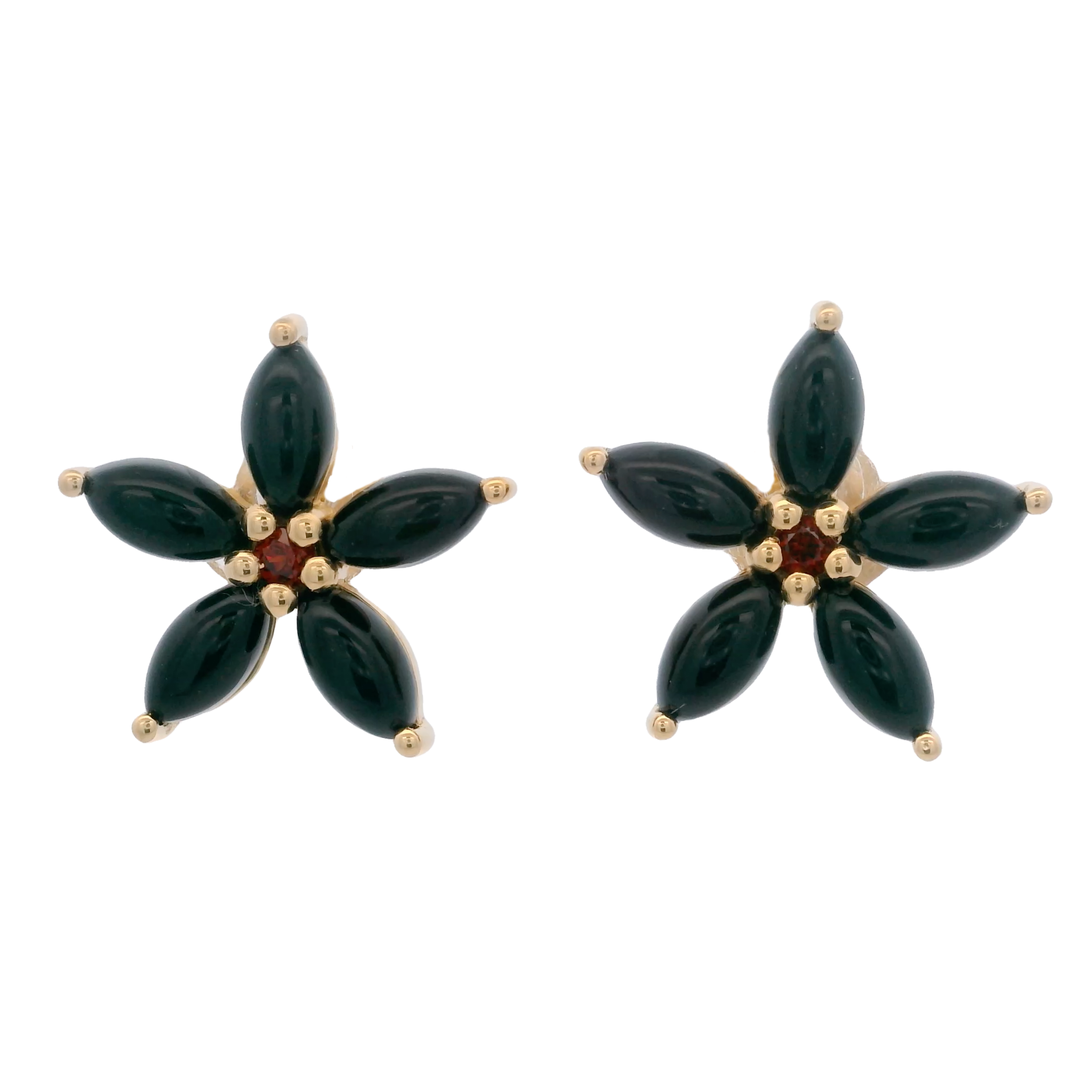 925YG FLOWER 15MM ONYX BLACK CENTER GARNET EARRINGS