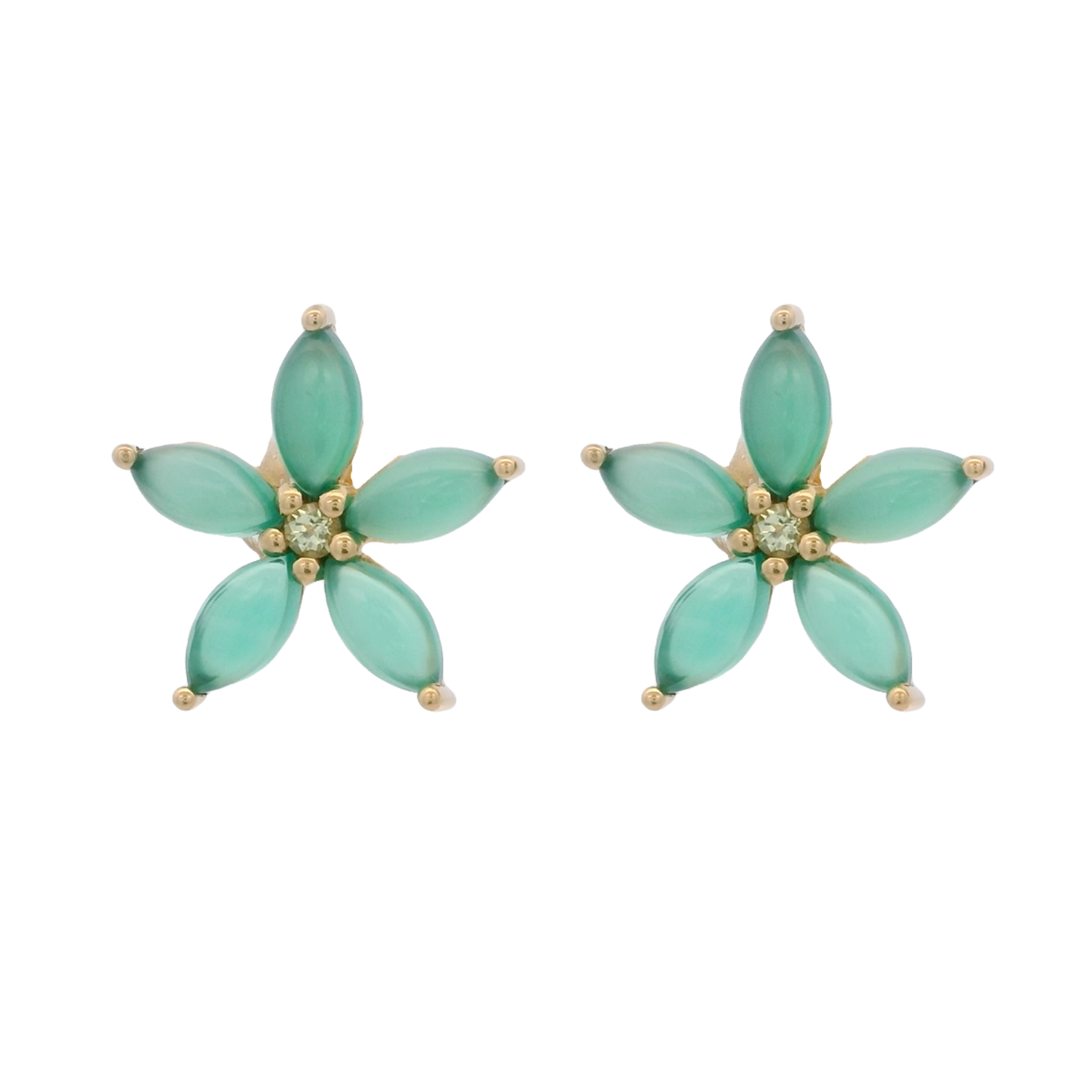 925YG FLOWER 15MM ONYX GREEN CENTER PERIDOT EARRINGS