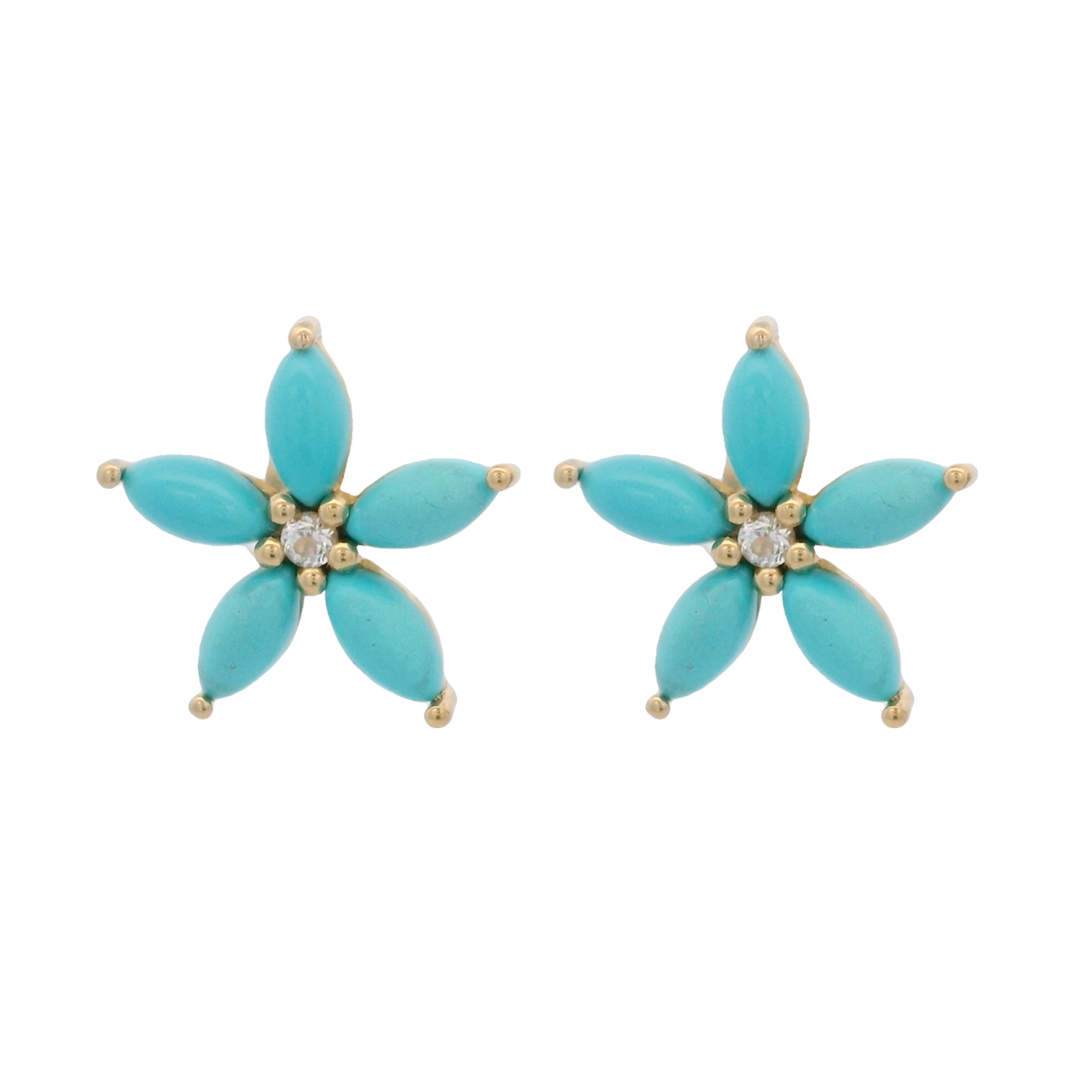 925YG FLOWER 15MM TURQUOISE SYN CENTER TOPAZ WHITE EARRINGS