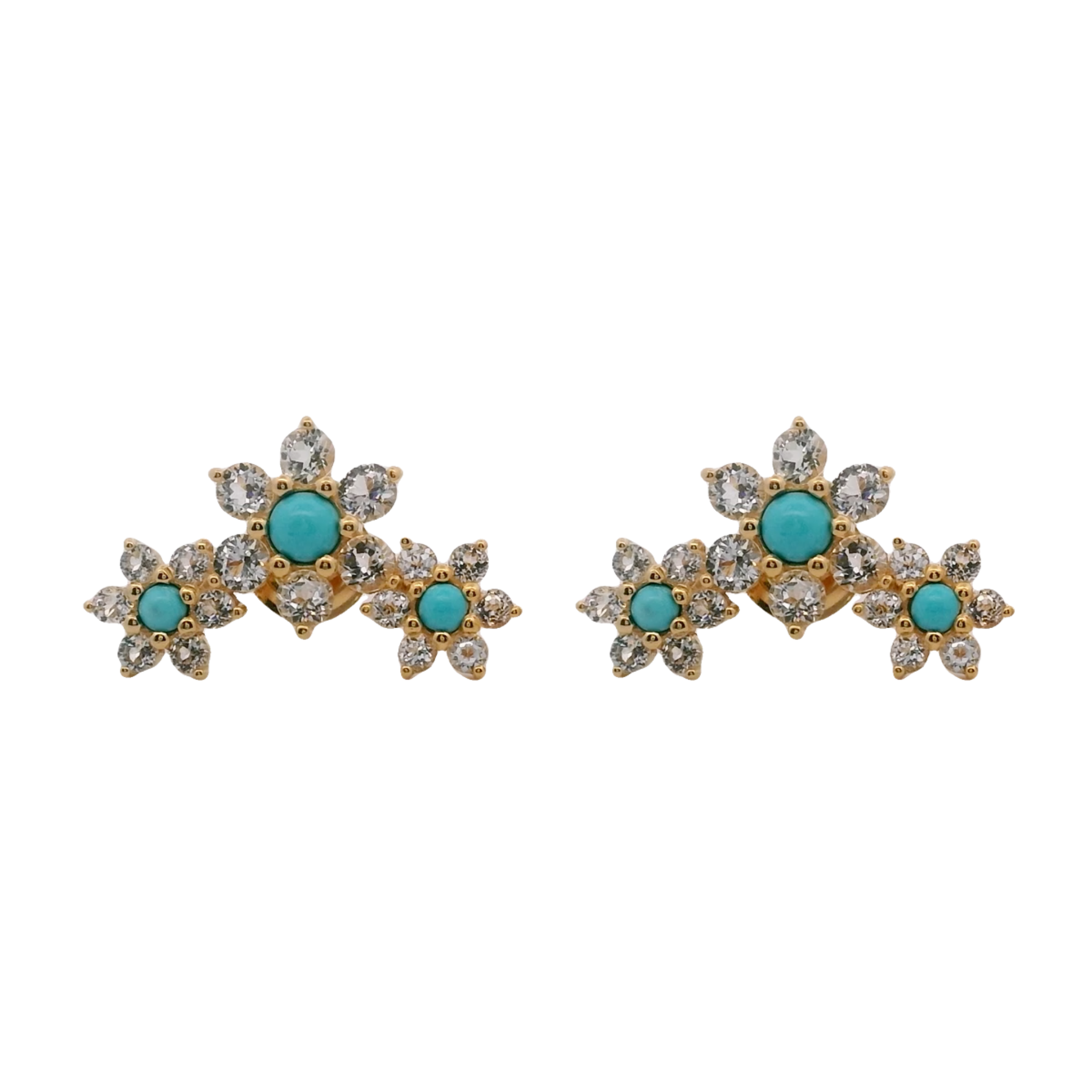 925YG TRIPLE FOWER TURQUOISE SYN CENTER TOPAZ WHITE EARRINGS
