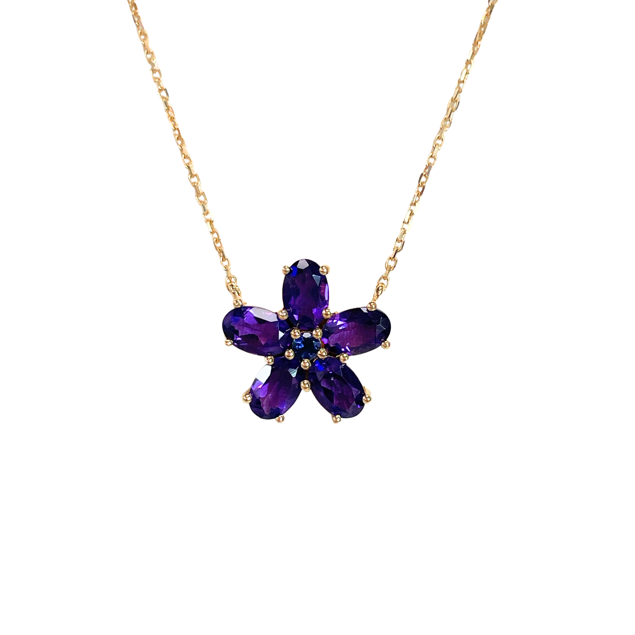 925YG FLOWER 14MM AMETHYST CENTER IOLITE NECKLACE