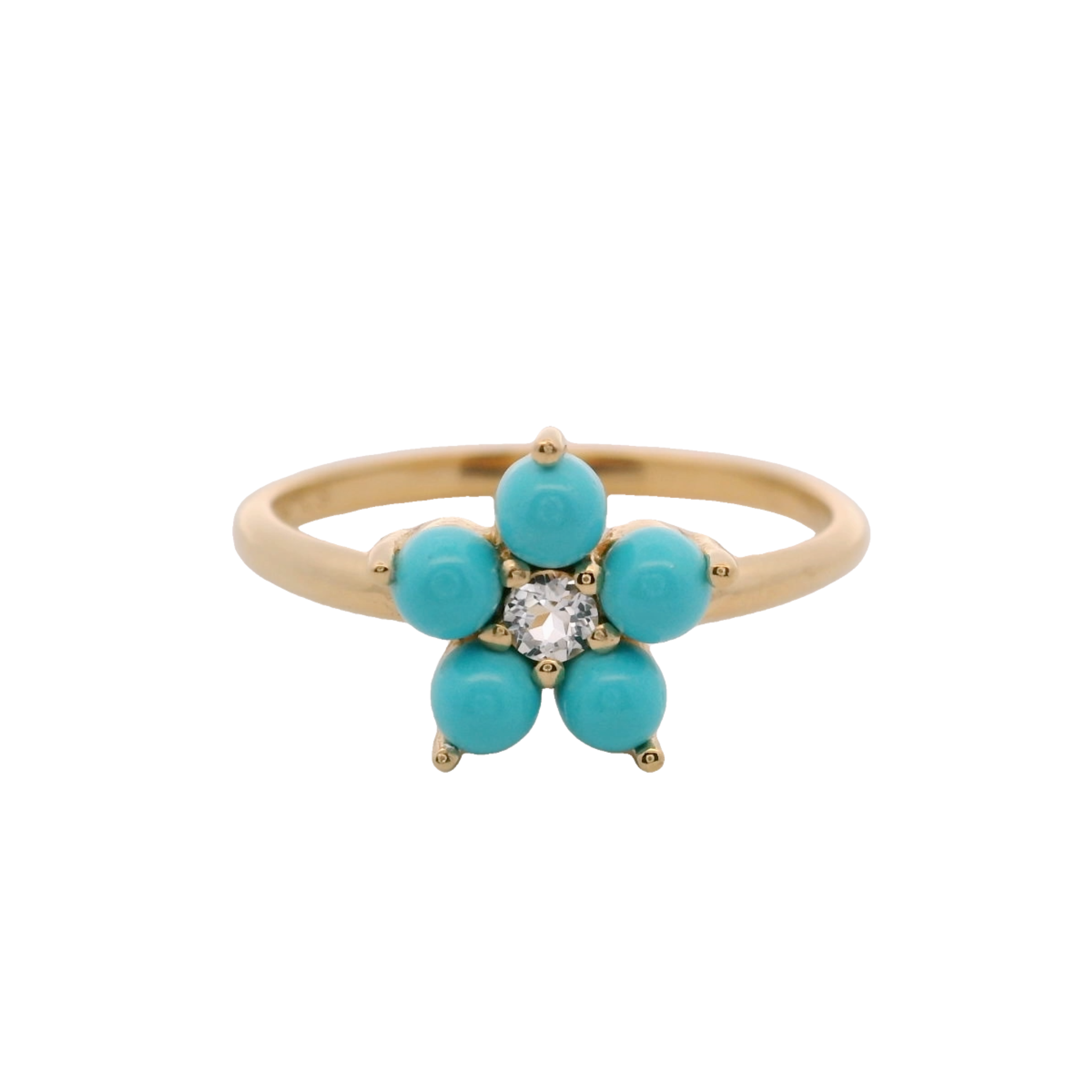 925YG FLOWER 10MM TURQUOISE SYN CENTER TOPAZ WHITE RING T6.5
