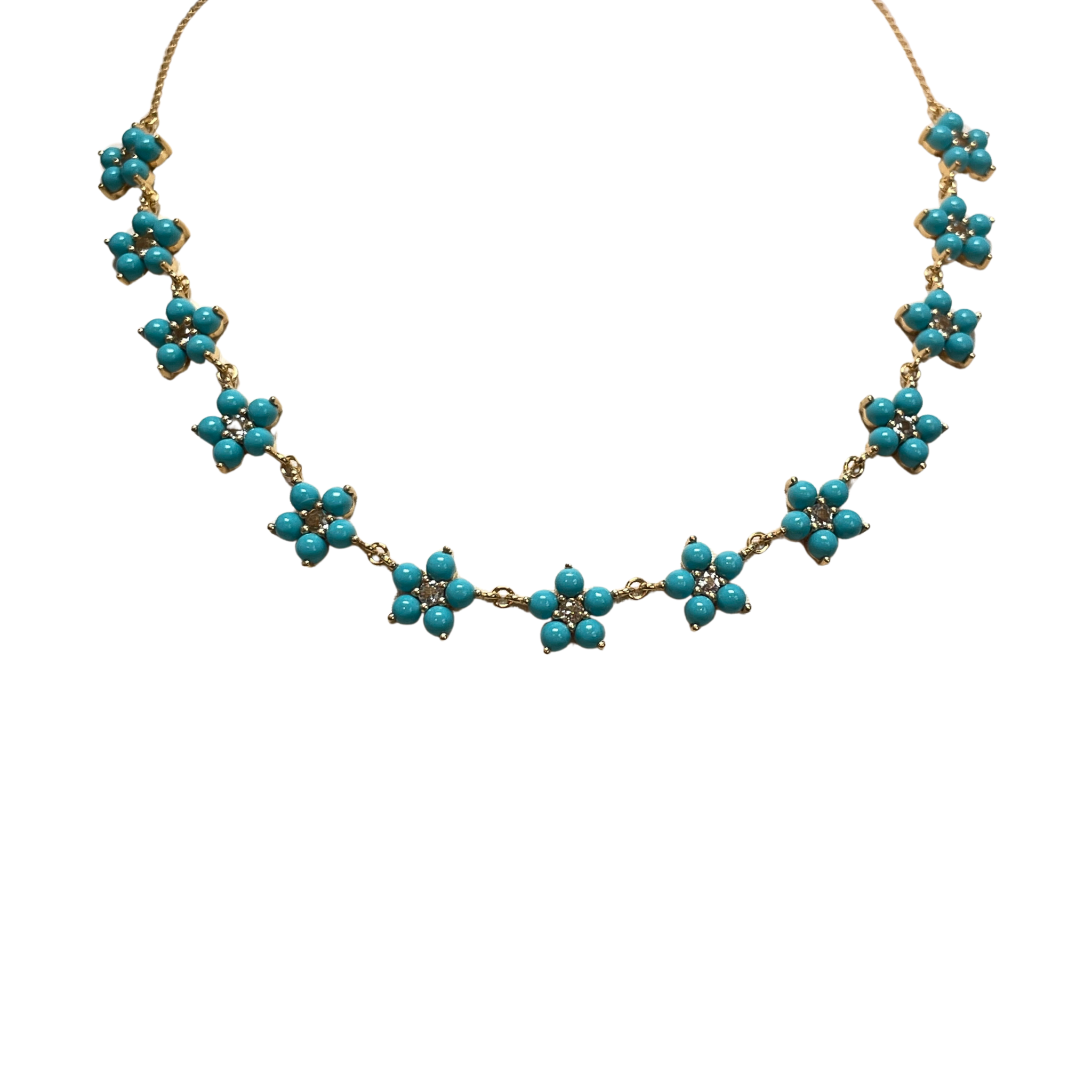 925YG STATION FLOWER 10MM TURQUOISE SYN CENTER TOPAZ WHITE NECKLACE
