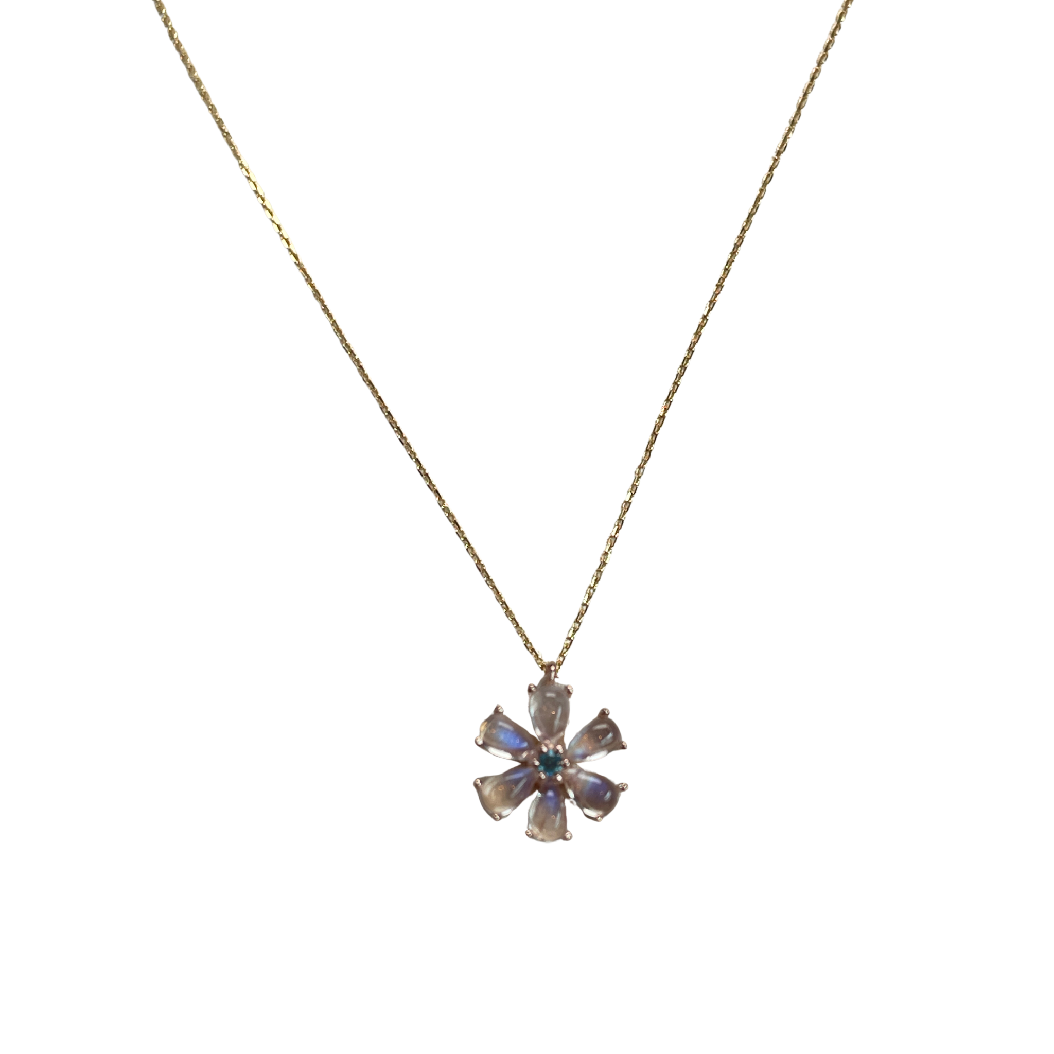 925RG FLOWER 12MM MOOSTONE CENTER TOPAZ BLUE NECKLACE