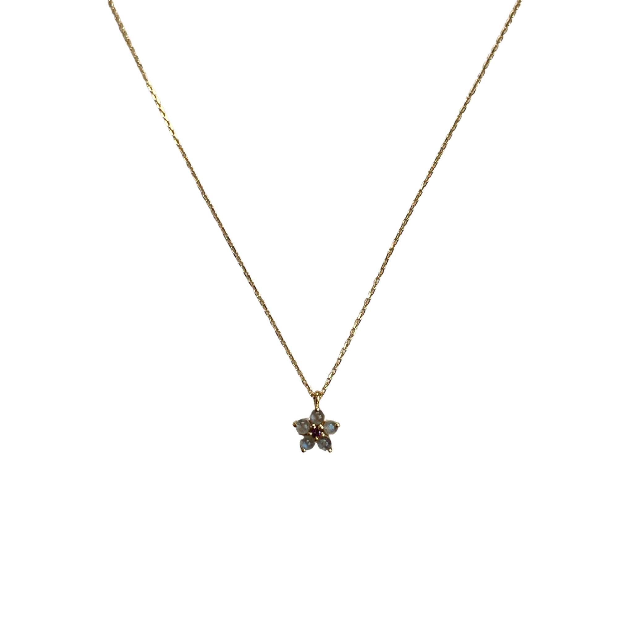 925YG FLOWER 6MM LABRADORITE CENTER GARNET NECKLACE