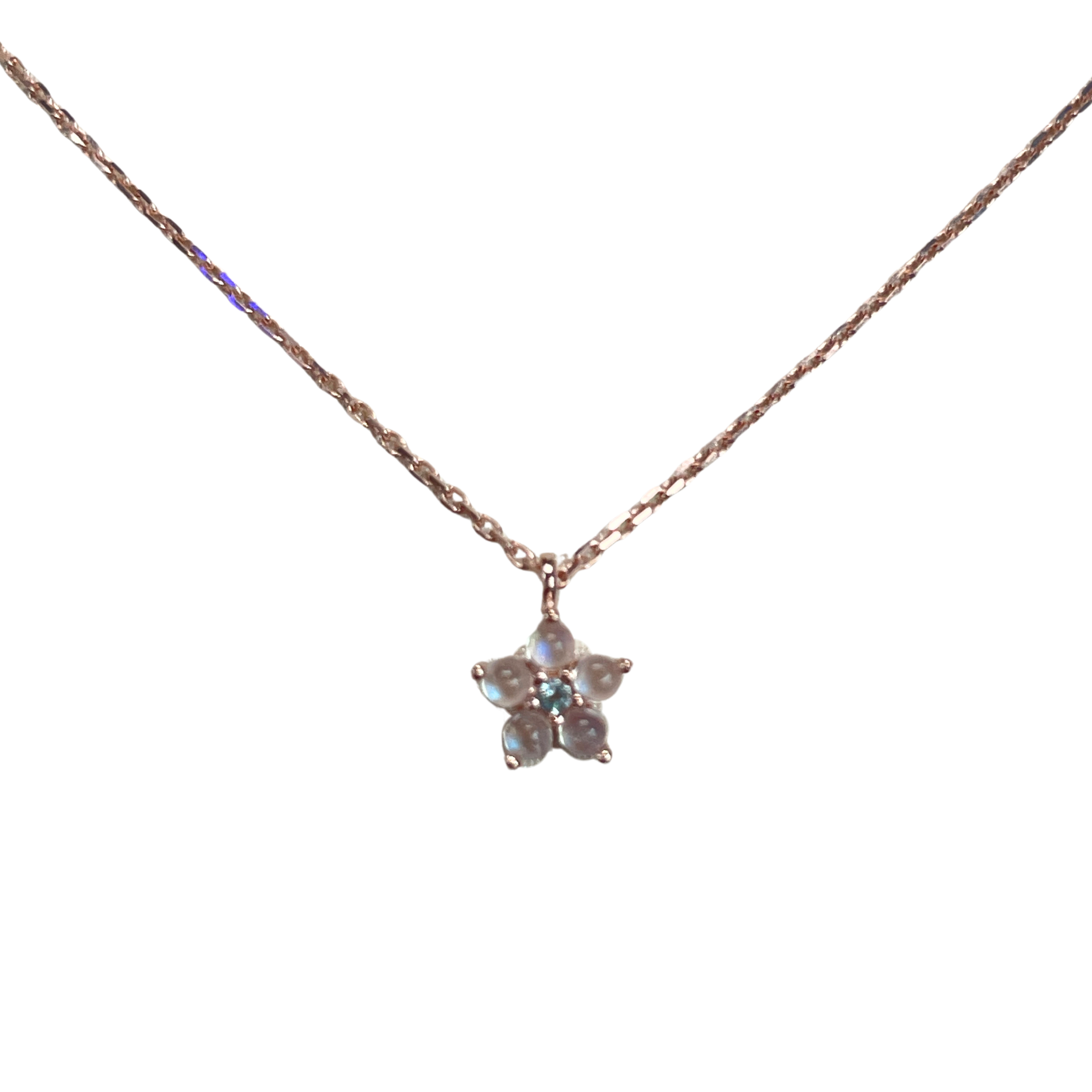 925RG FLOWER 6MM MOOSTONE CENTER TOPAZ BLUE NECKLACE