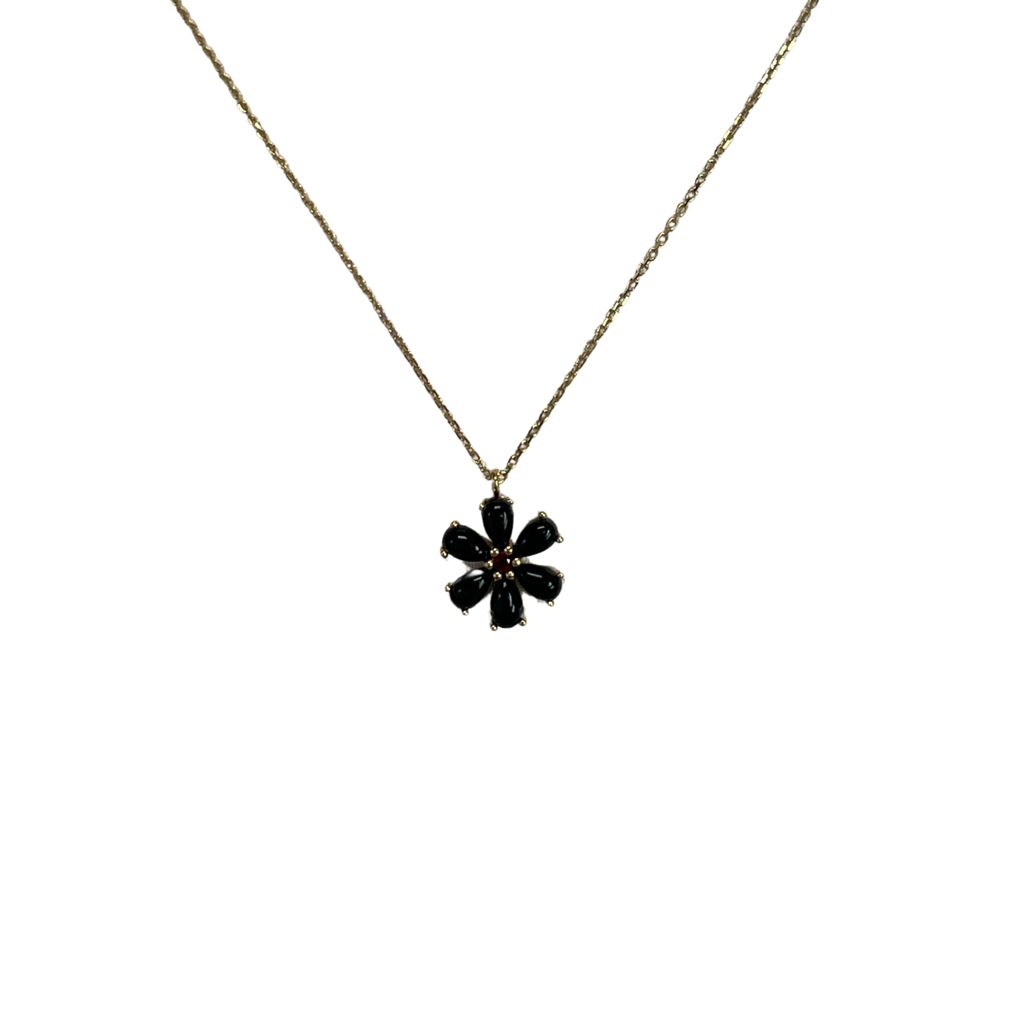 925YG FLOWER 12MM ONYX BLACK CENTER GARNET NECKLACE