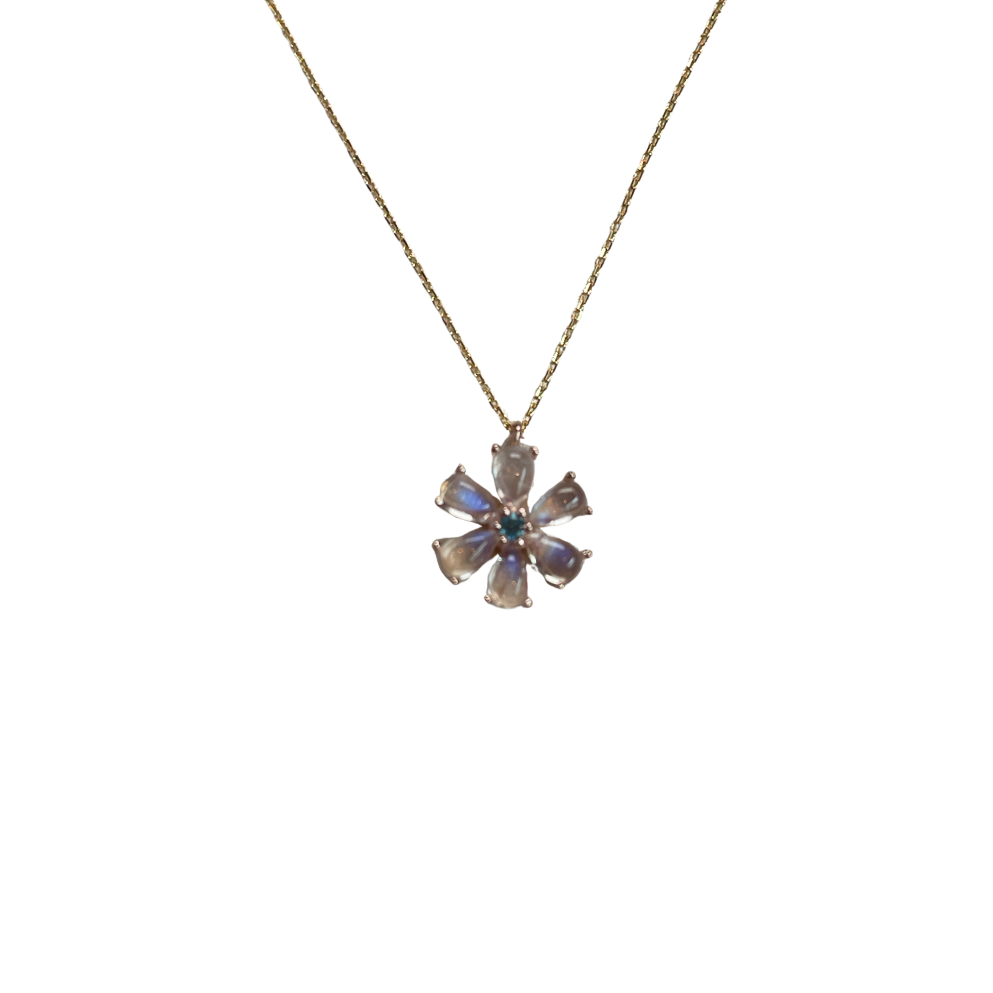 925RG FLOWER 12MM MOOSTONE CENTER TOPAZ BLUE NECKLACE