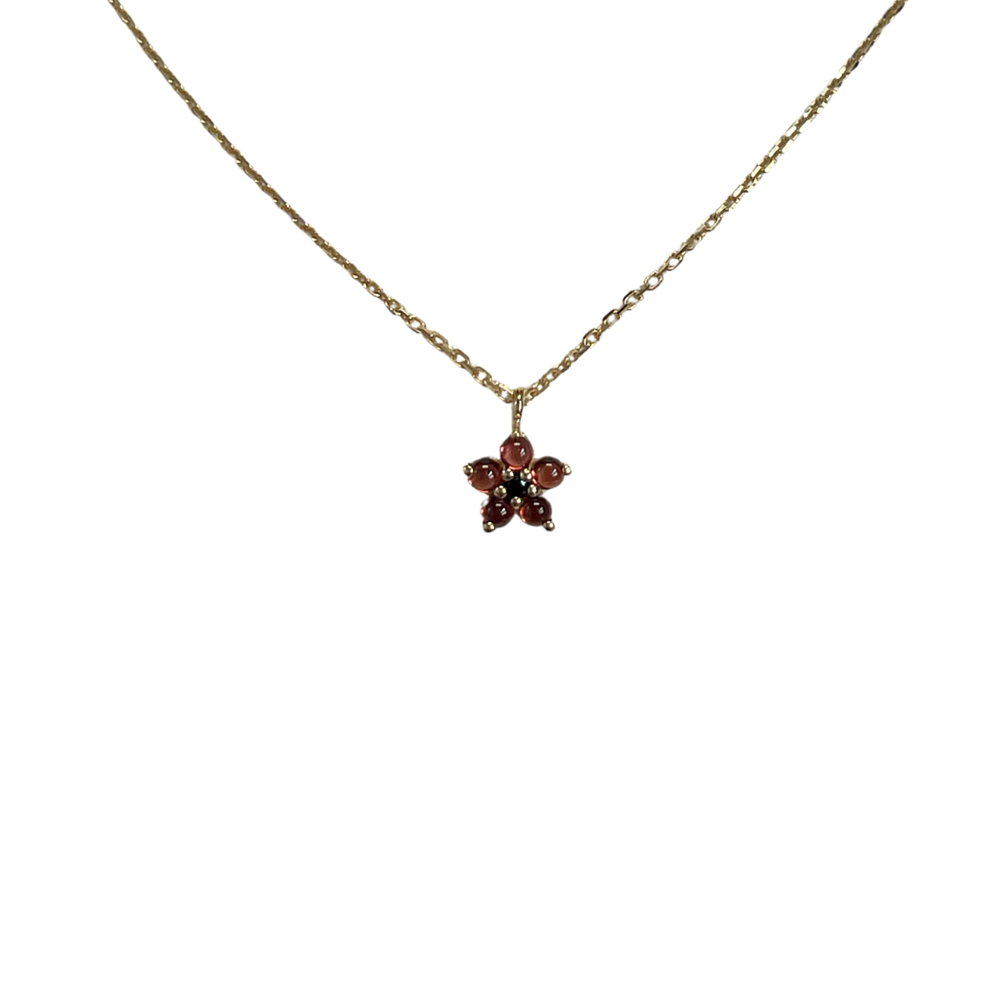 925YG FLOWER 6MM GARNET CENTER SPINEL BLACK NECKLACE