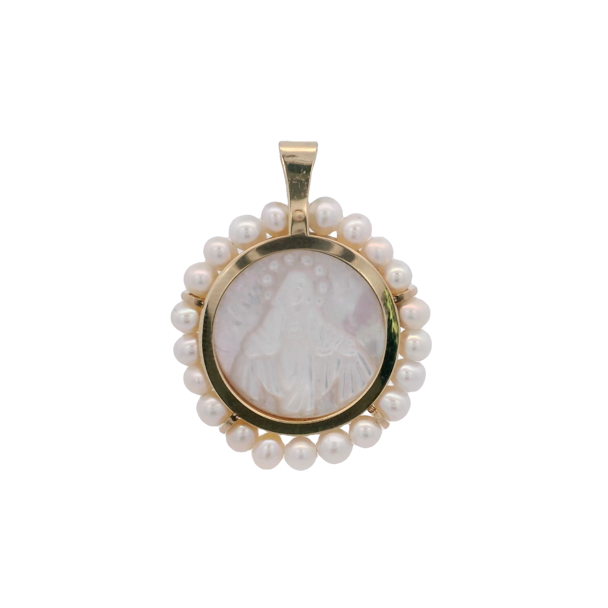 14KY MIRACULOUS VIRGIN WITH PEARL 18MM MEDAL