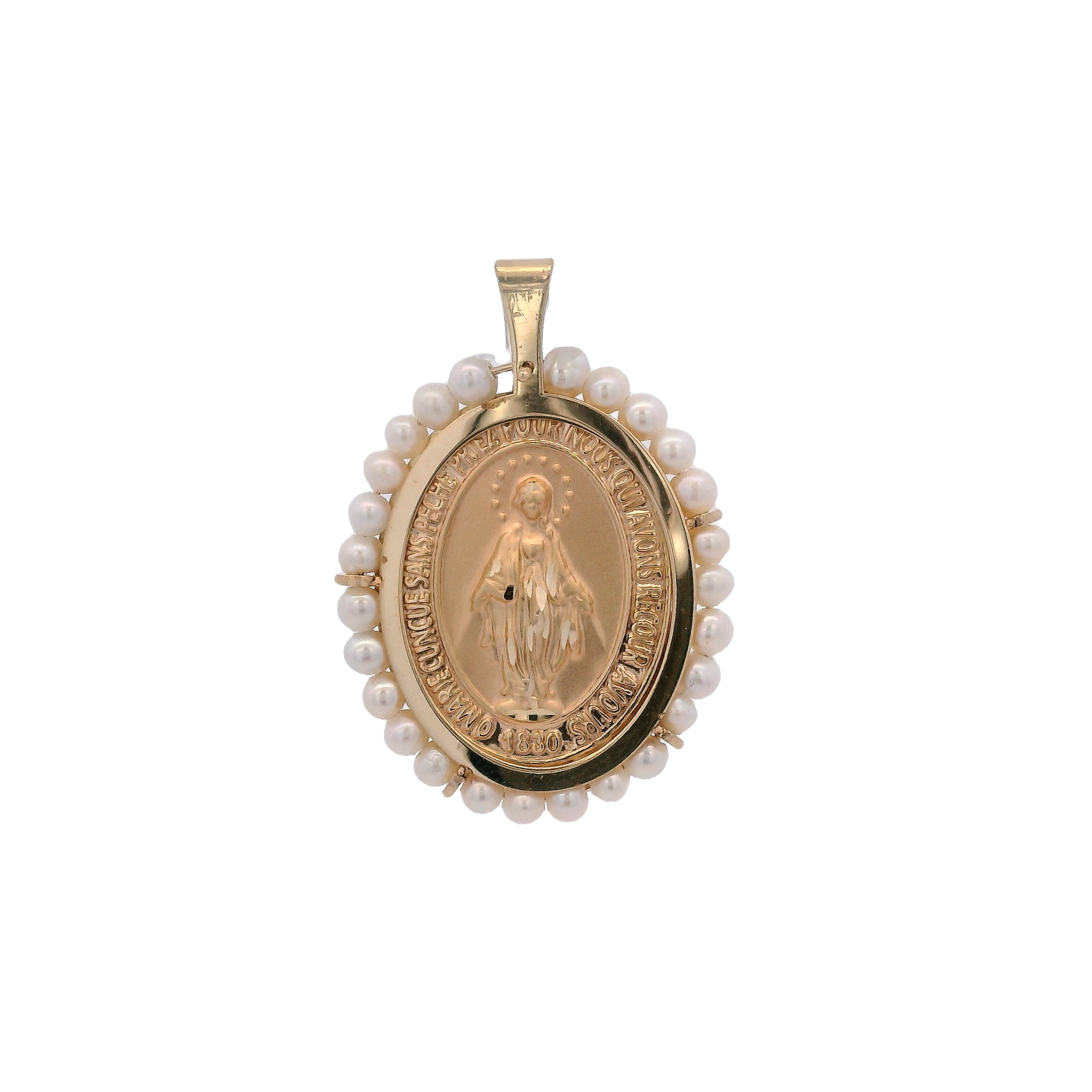 14KY MIRACULOUS VIRGIN WITH PEARL 19X22.5MM OVAL MEDAL