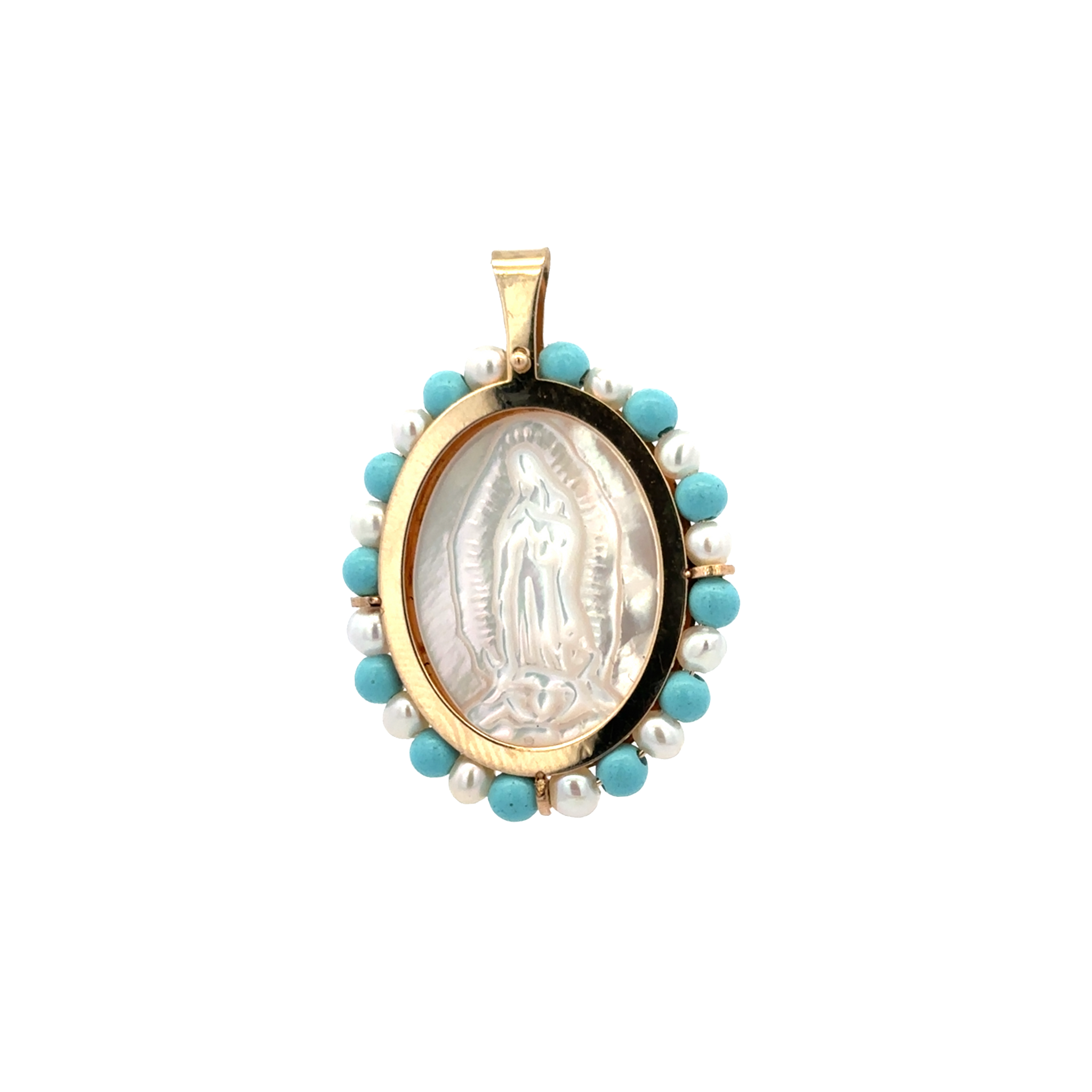 14KY VIRGIN OF GUADALUPE OVAL TURQUOISE MEDAL