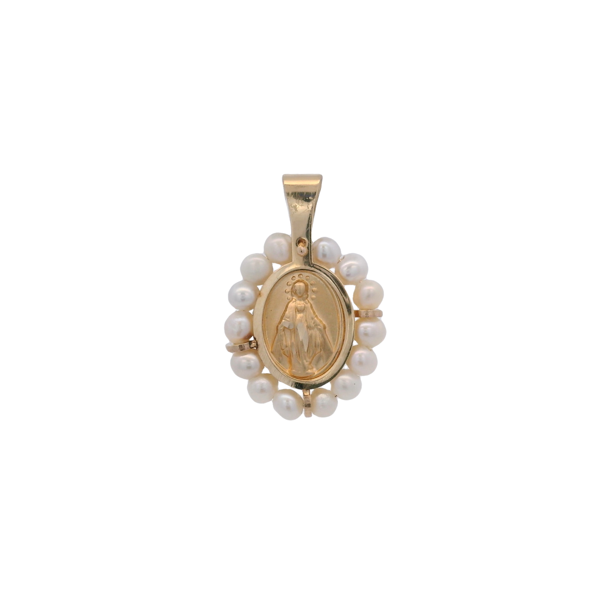 14KY MIRACULOUS VIRGIN WITH PEARL 13MM MEDAL
