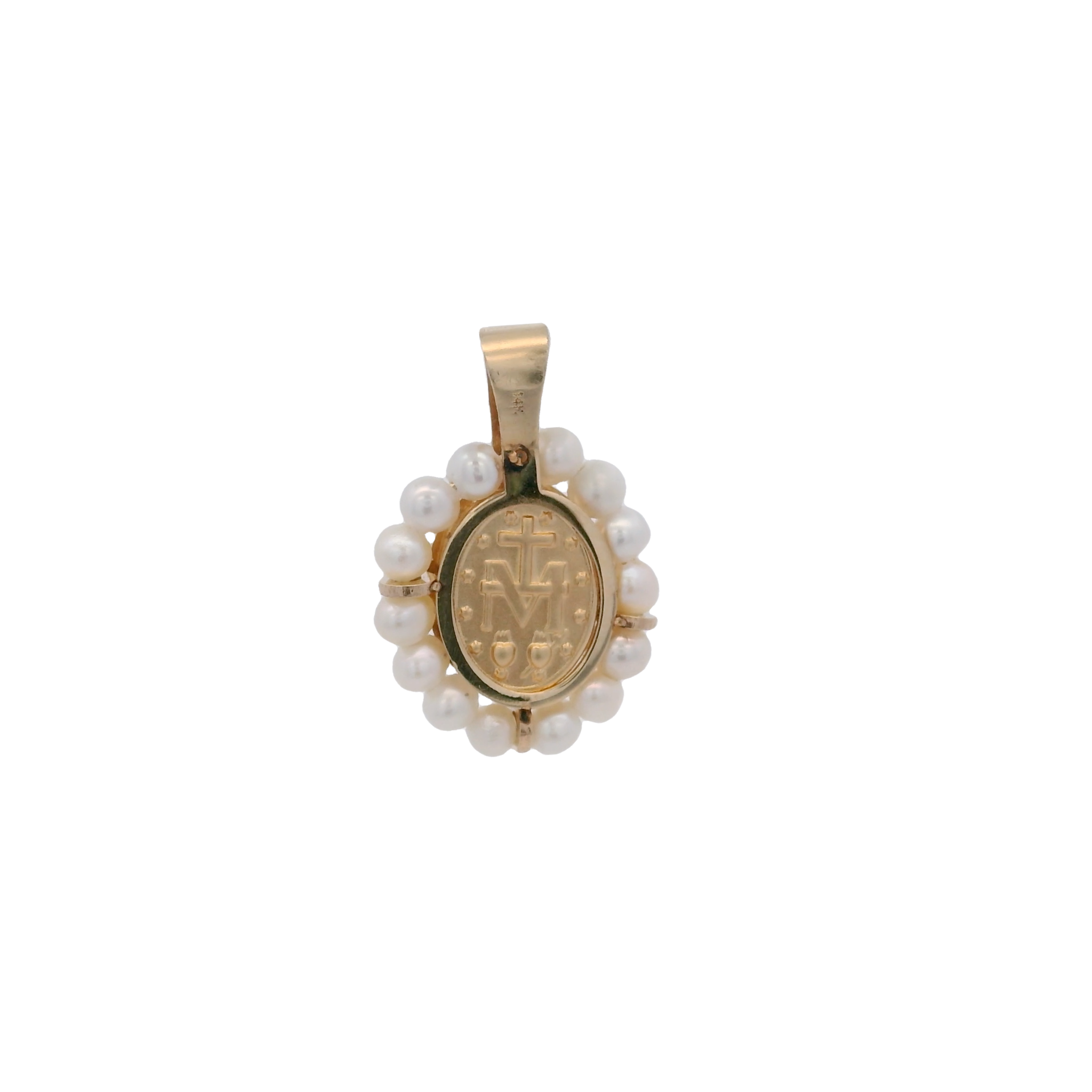 14KY MIRACULOUS VIRGIN WITH PEARL 13MM MEDAL