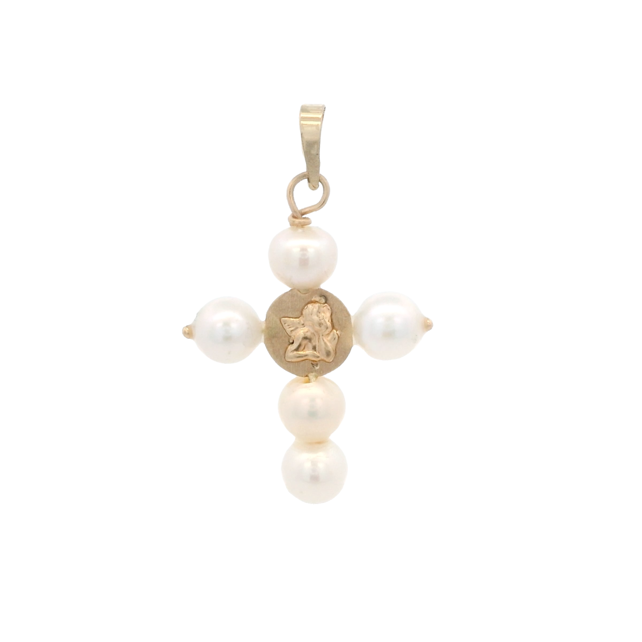 14KY CROSS OF PEARL WITH GUARDIAN ANGEL PENDANT