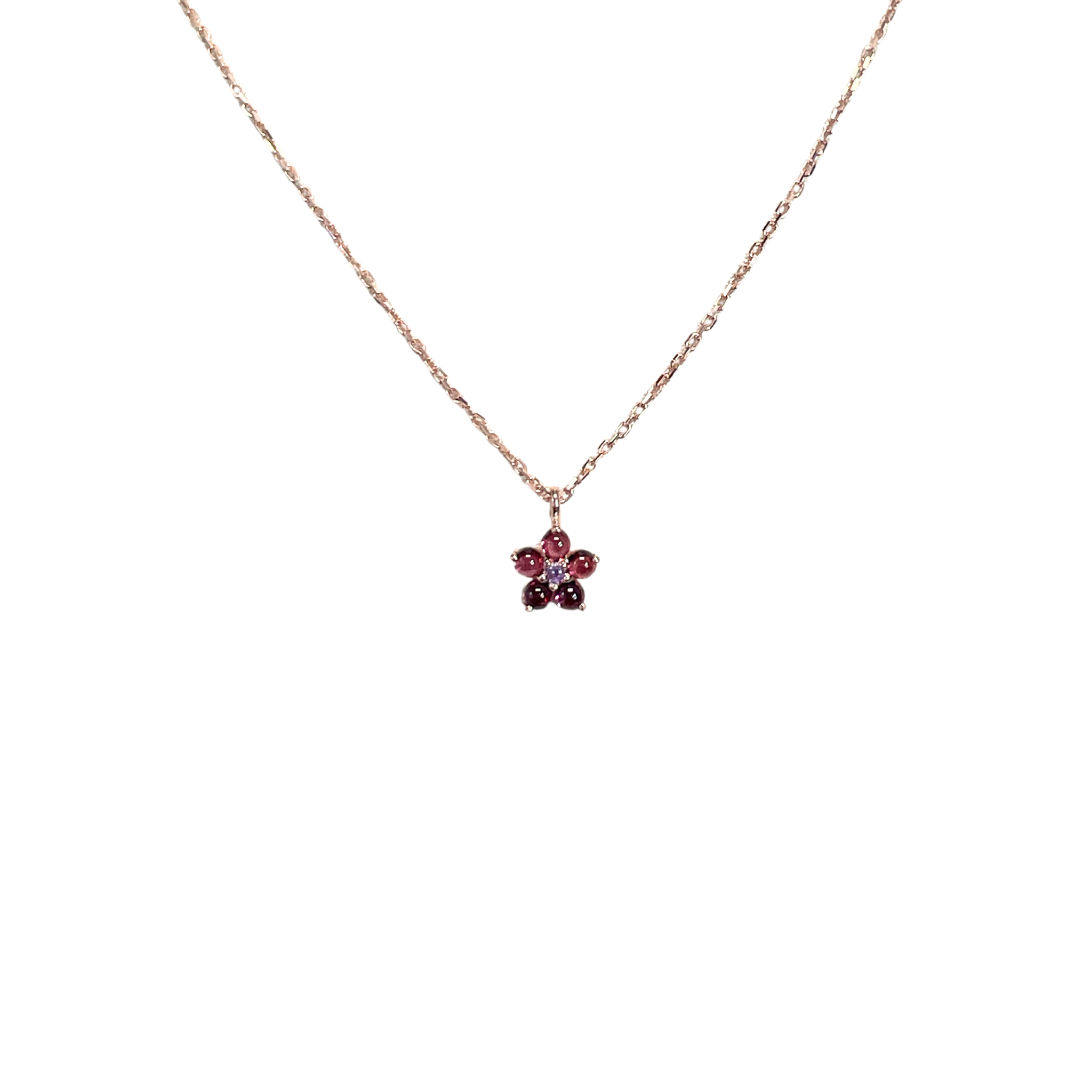 925RG FLOWER 6MM GARNET CENTER AMETHYST NECKLACE