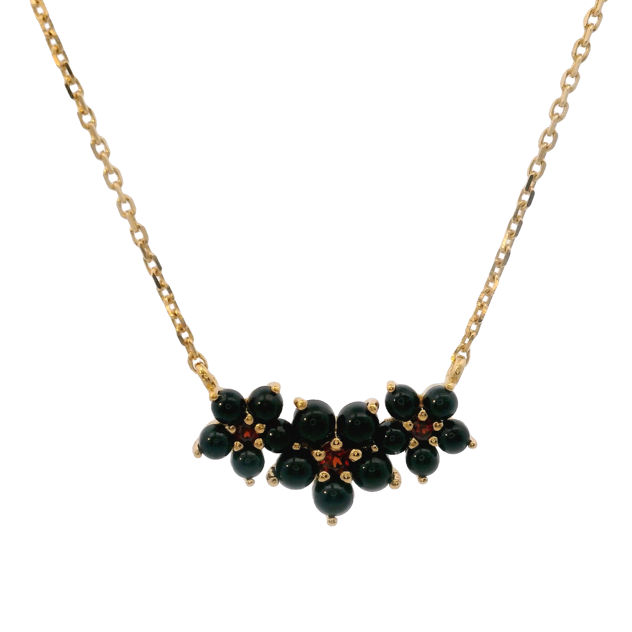 925YG TRIPLE FLOWER CENTER 8MM ONYX BLACK CENTER GARNET NECKLACE