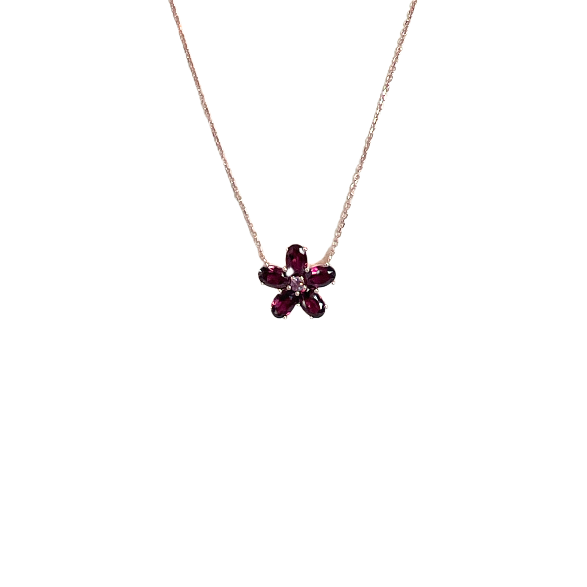 925RG FLOWER 14MM GARNET CENTER AMETHYST NECKLACE