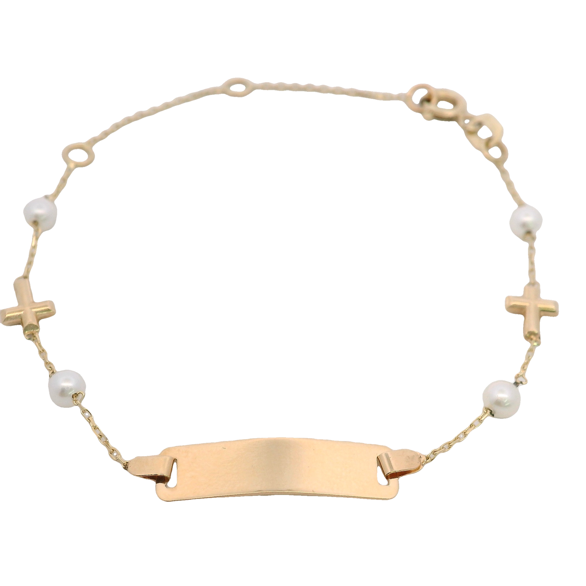 14KY BAR ENGRABLE WITH PEARL AND MINI CROSS BRACELET