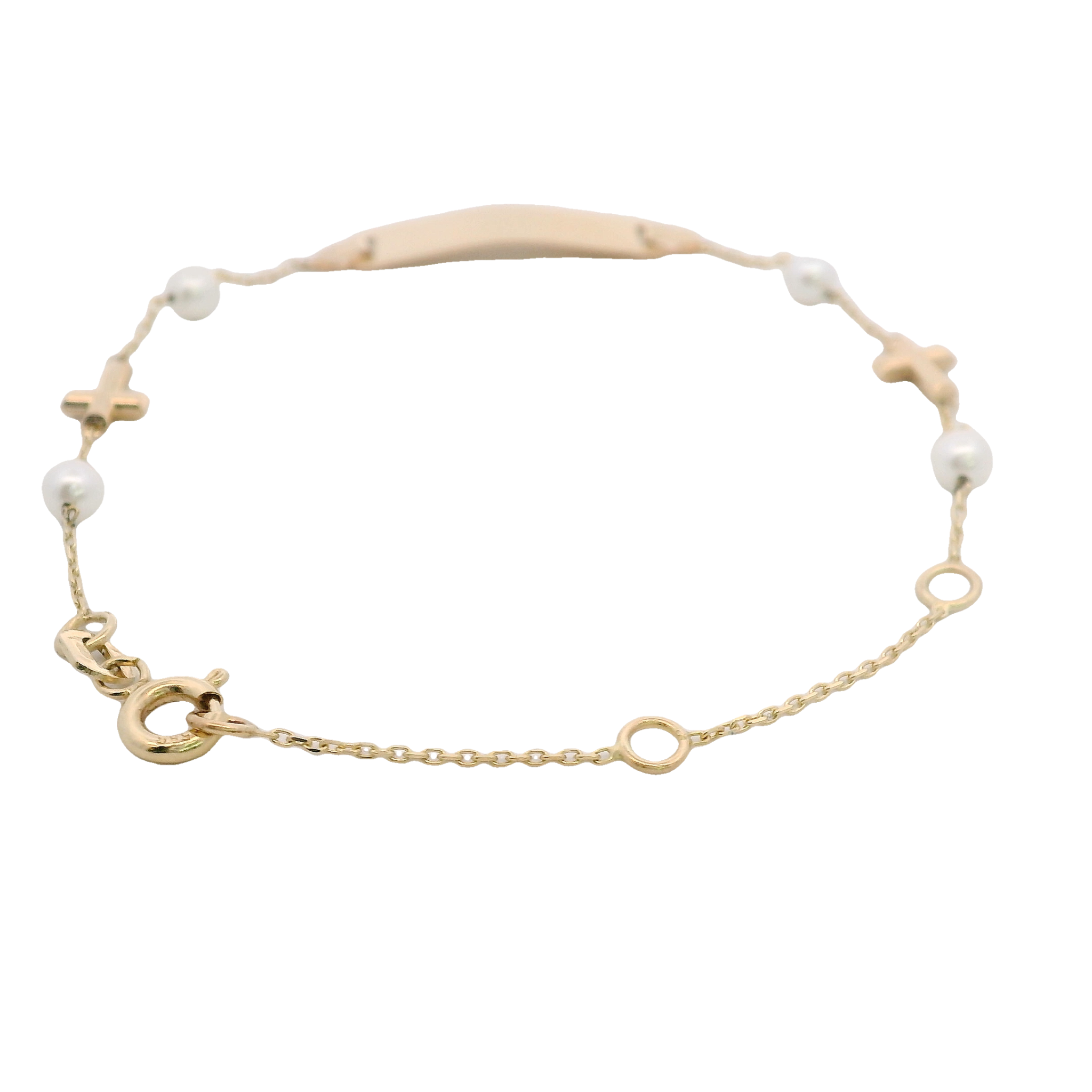 14KY BAR ENGRABLE WITH PEARL AND MINI CROSS BRACELET