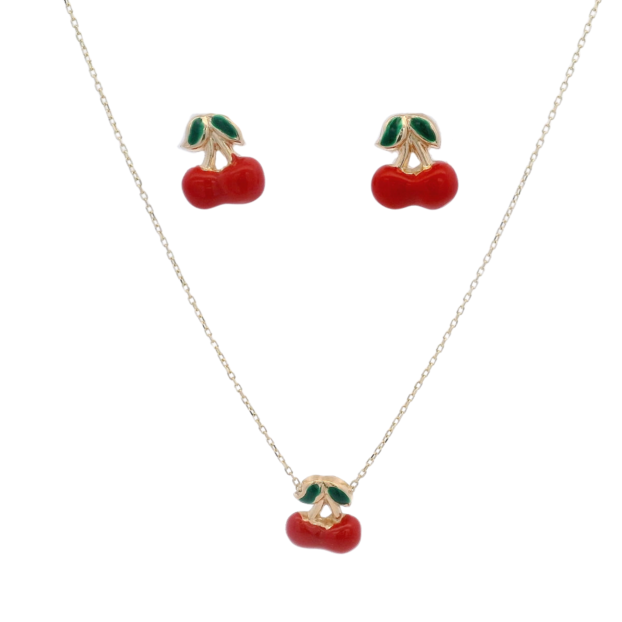 Cherry-themed necklace and earrings set on a white background