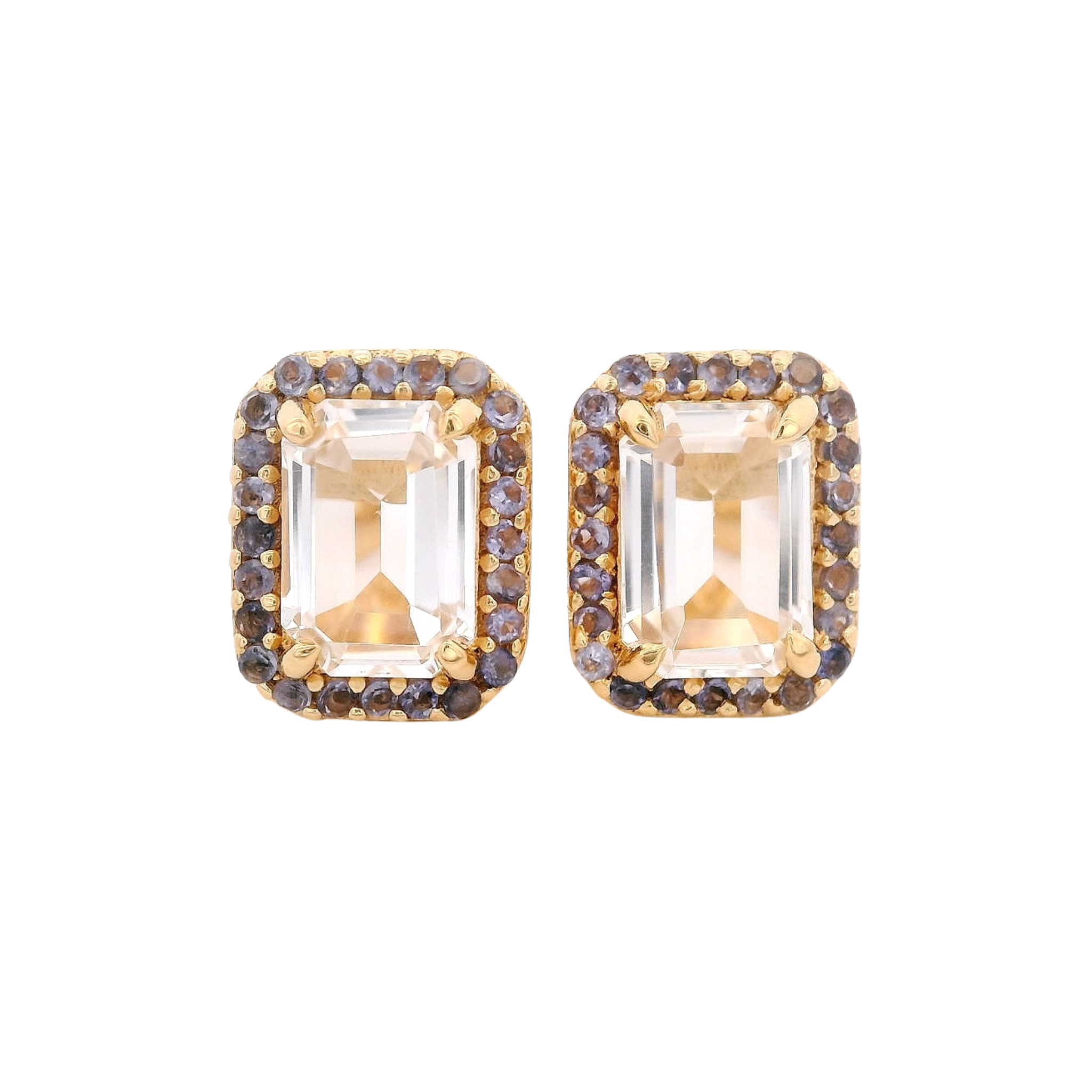 925YG BAQUETTE TOPAZ WHITE AROUND IOLITE EARRINGS
