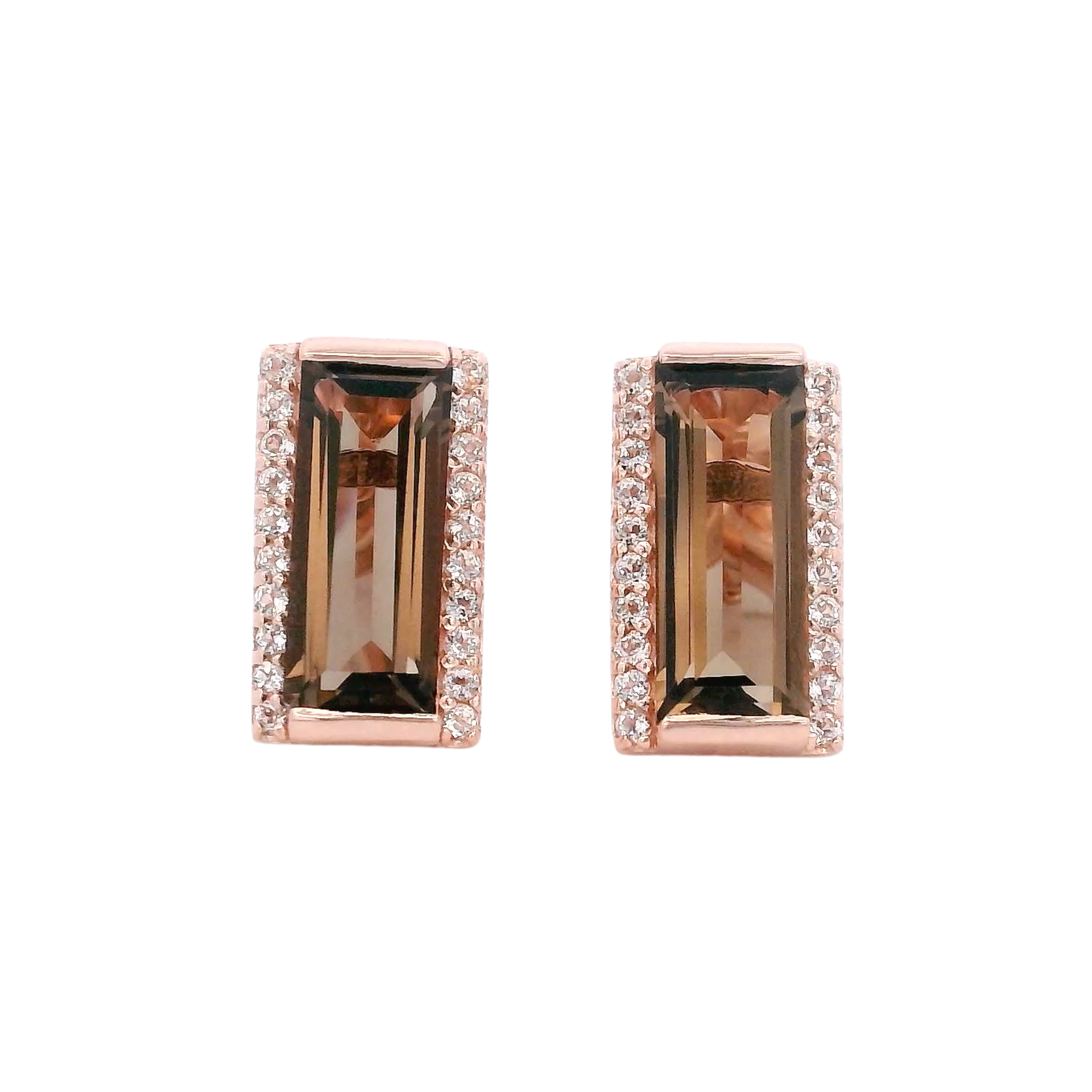925RG SOLITARY BAGUETTE SMOKY QUARTZ WITH TOPAZ WHITE 11MM EARRINGS