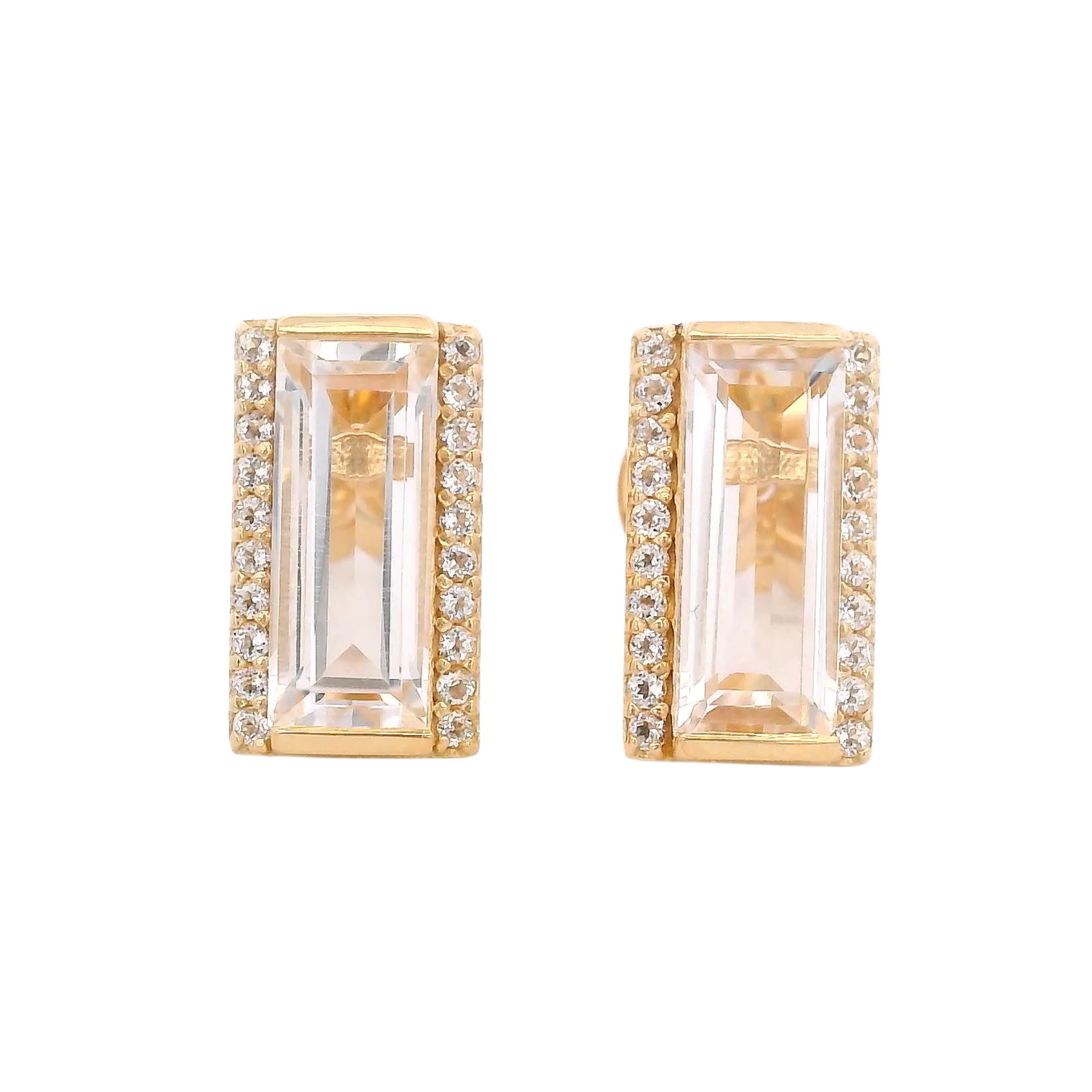 925YG SOLITARY BAGUETTE ROCK CRYSTAL WITH TOPAZ WHITE 11MM EARRINGS