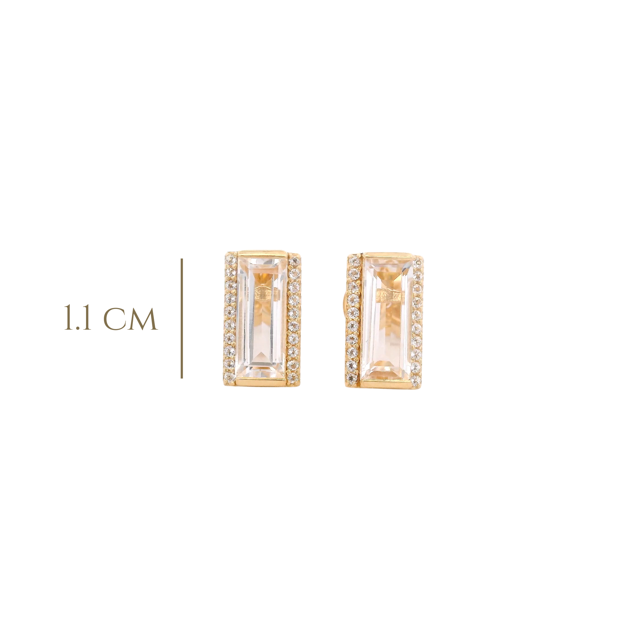 925YG SOLITARY BAGUETTE ROCK CRYSTAL WITH TOPAZ WHITE 11MM EARRINGS