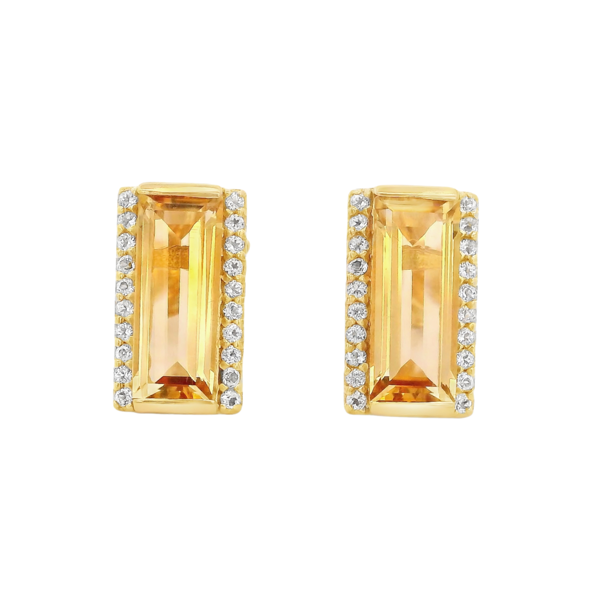 925YG SOLITARY BAGUETTE CITRINE WITH TOPAZ WHITE 11MM EARRINGS