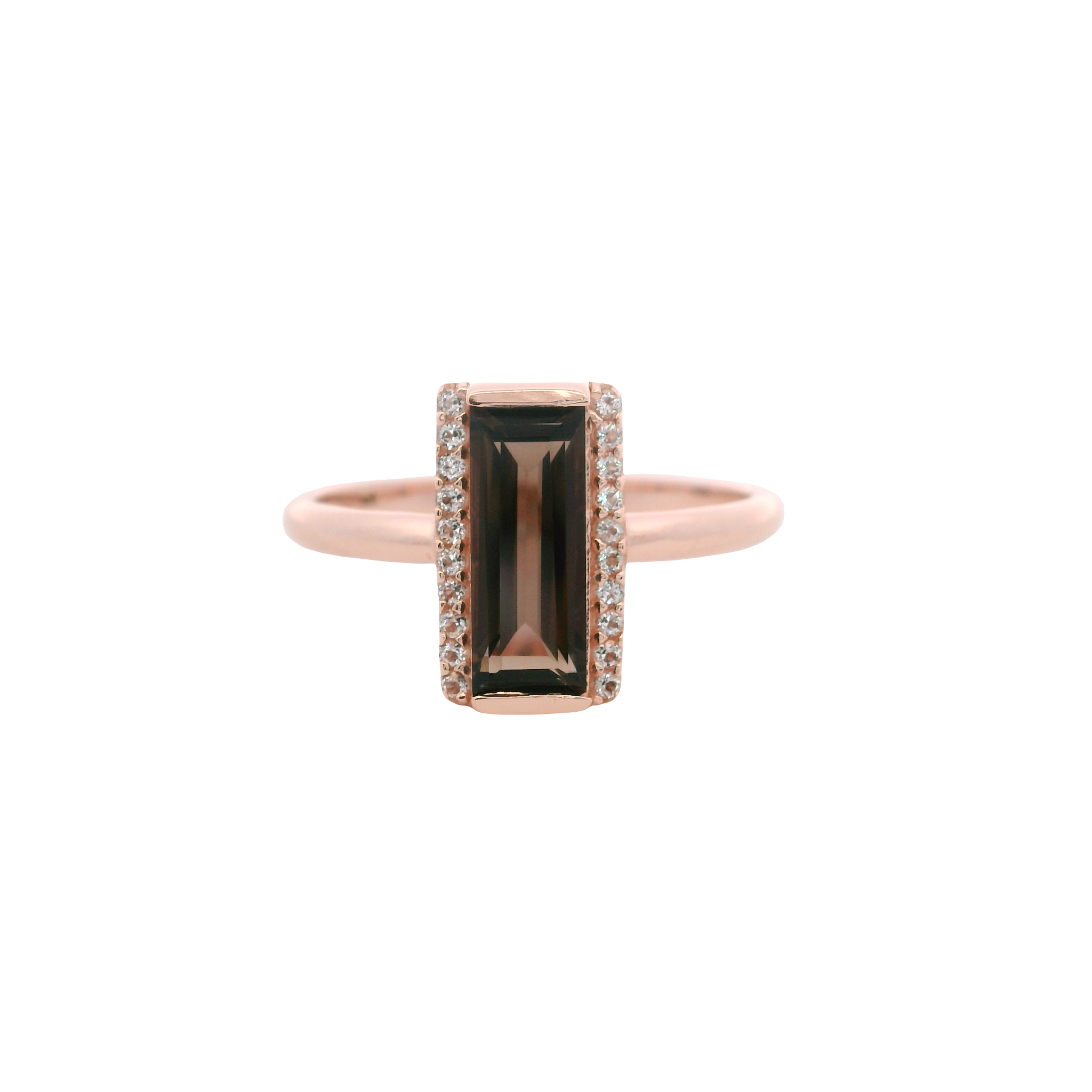 925RG SOLITARY BAGUETTE SMOKY QUARTZ WITH TOPAZ WHITE 11MM RING T6.5
