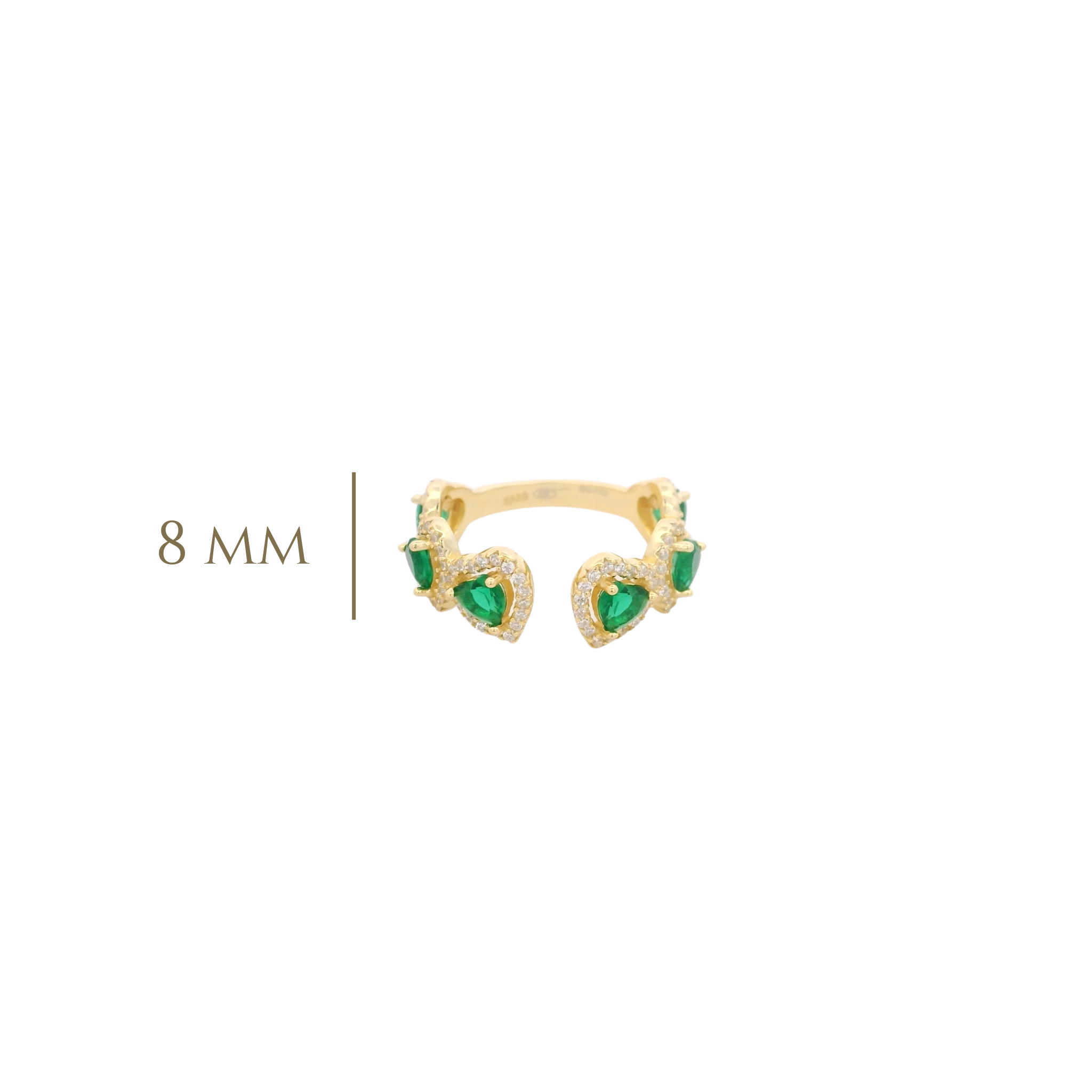 925YG OUTLINE HEART STUD CZ GREEN OPEN RING T7