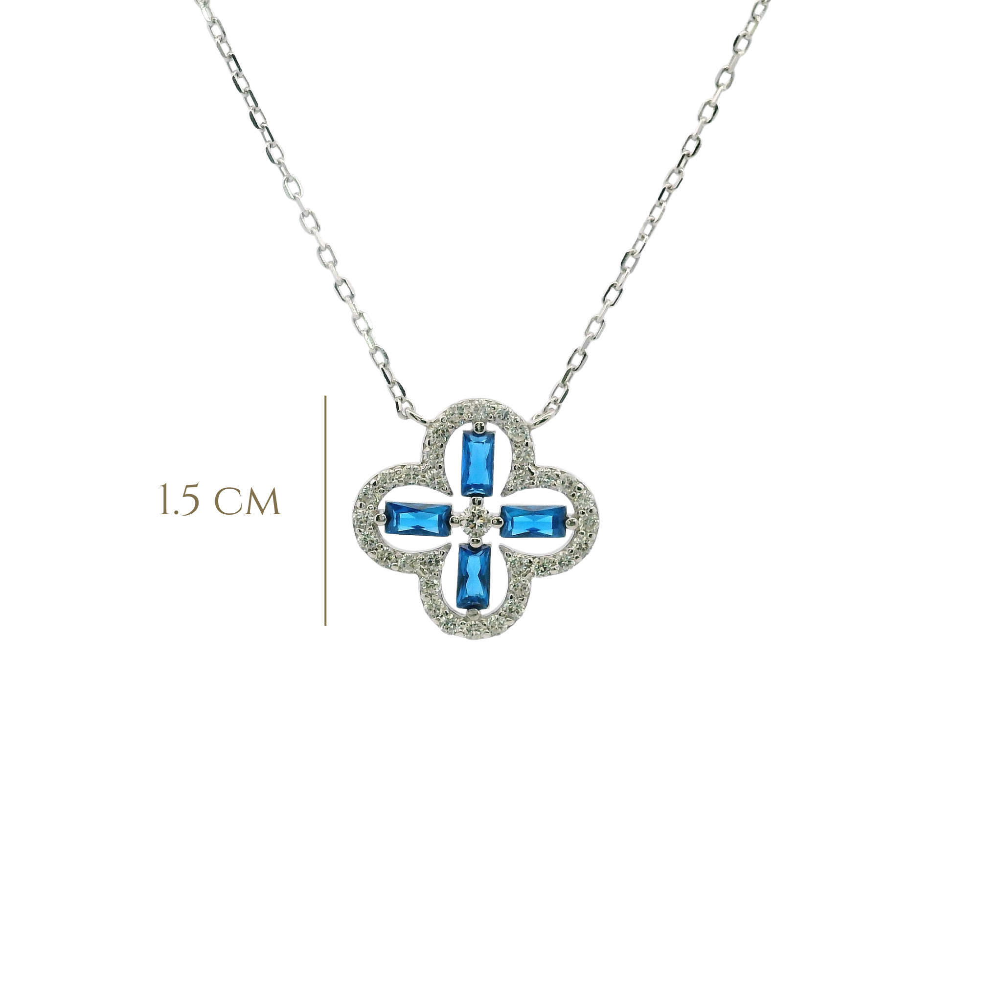 925SL OUTLINE CLOVER CZ BLUE NECKLACE