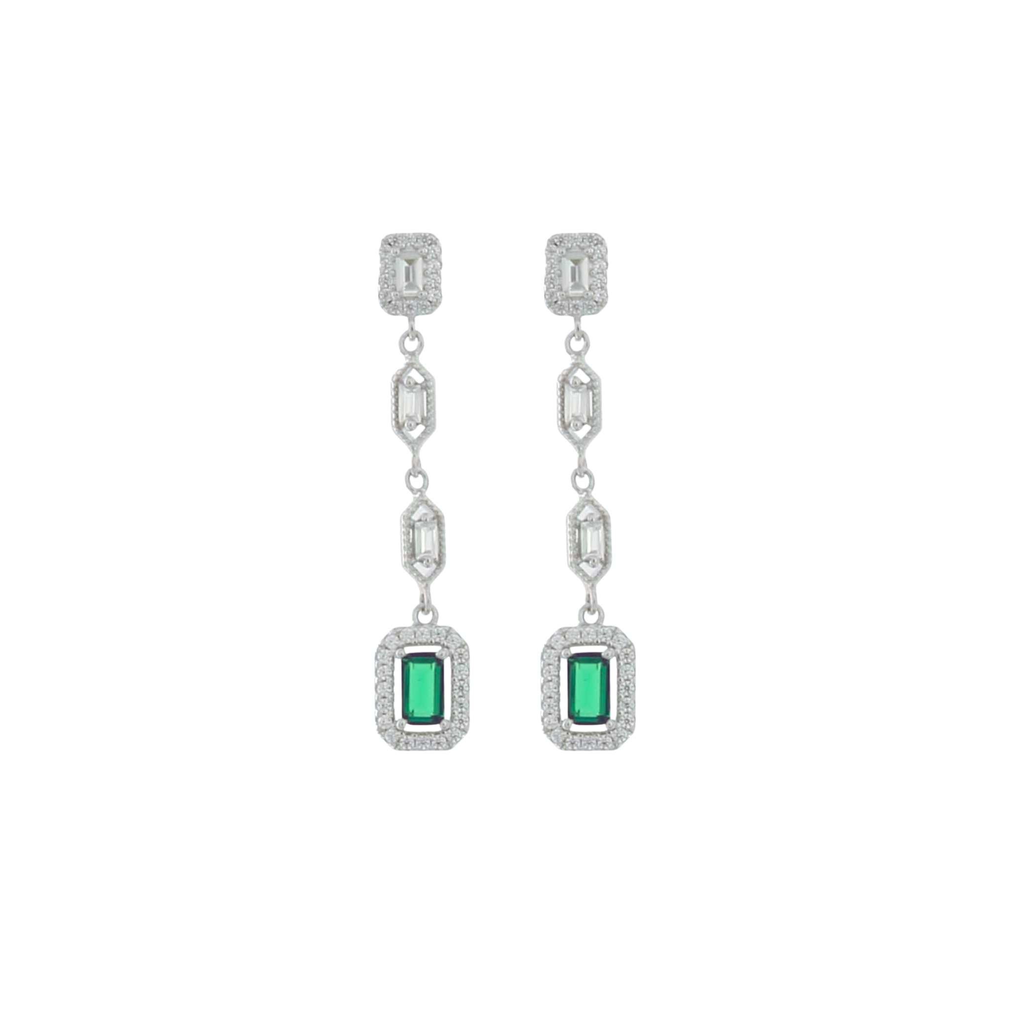 925SL DROP BAGUETTES CZ GREEN EARRINGS
