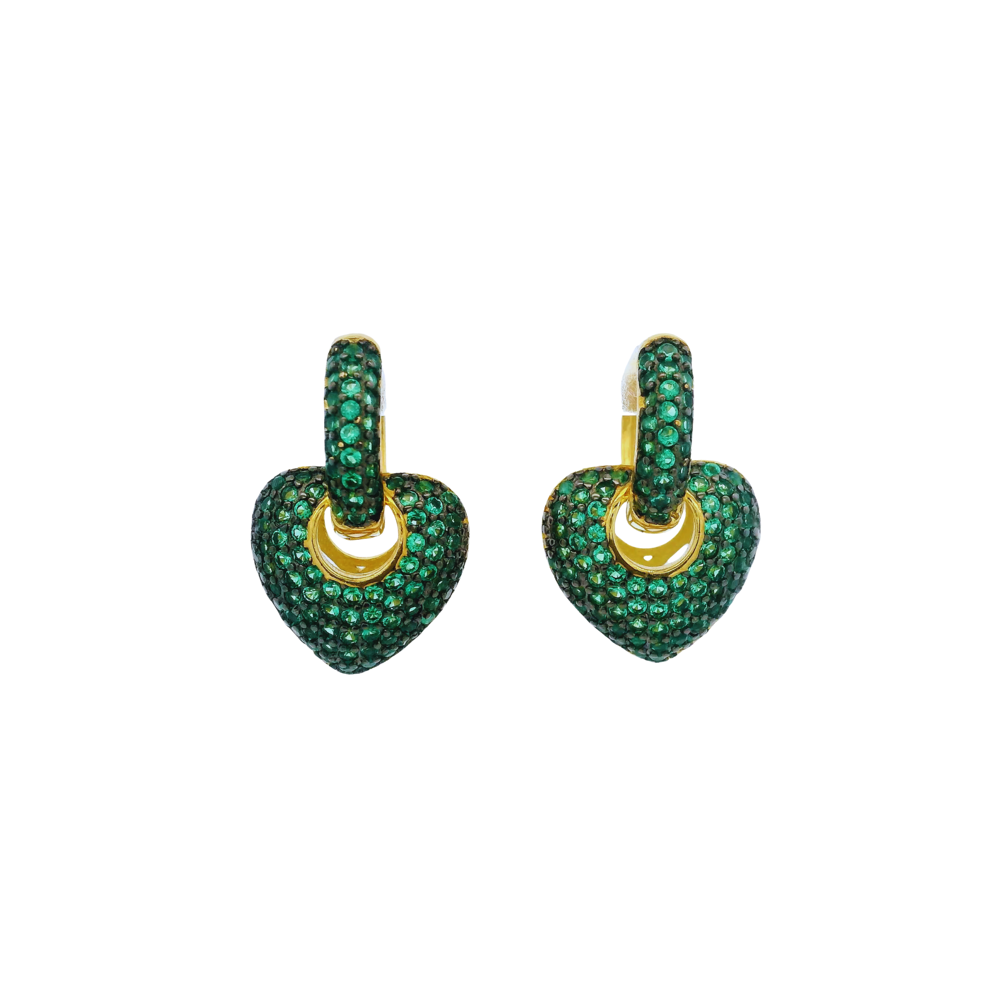925YG SMALL DOME HEART PAVE CZ GREEN EARRINGS