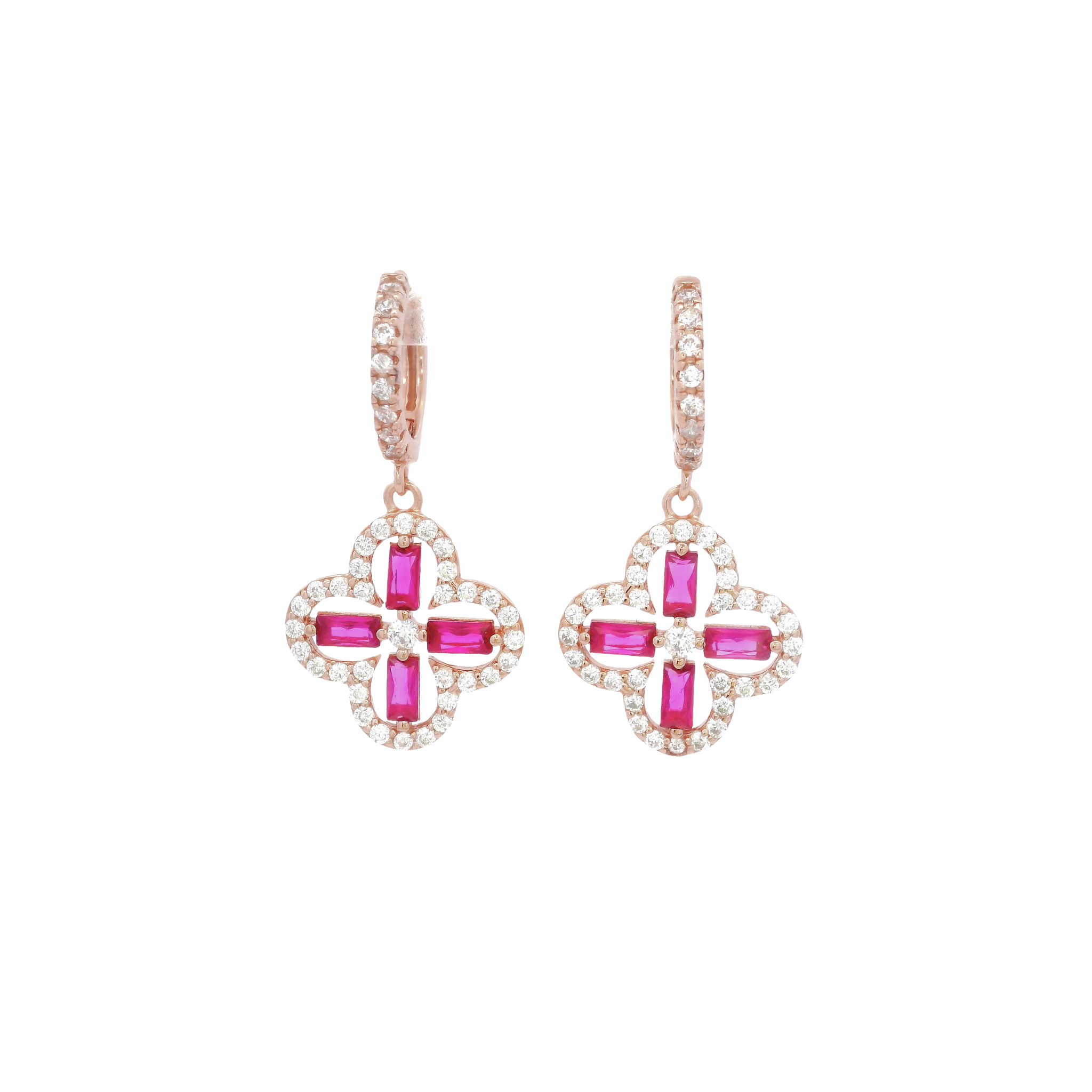 925RG OUTLINE CLOVER CZ FUSHIA EARRINGS