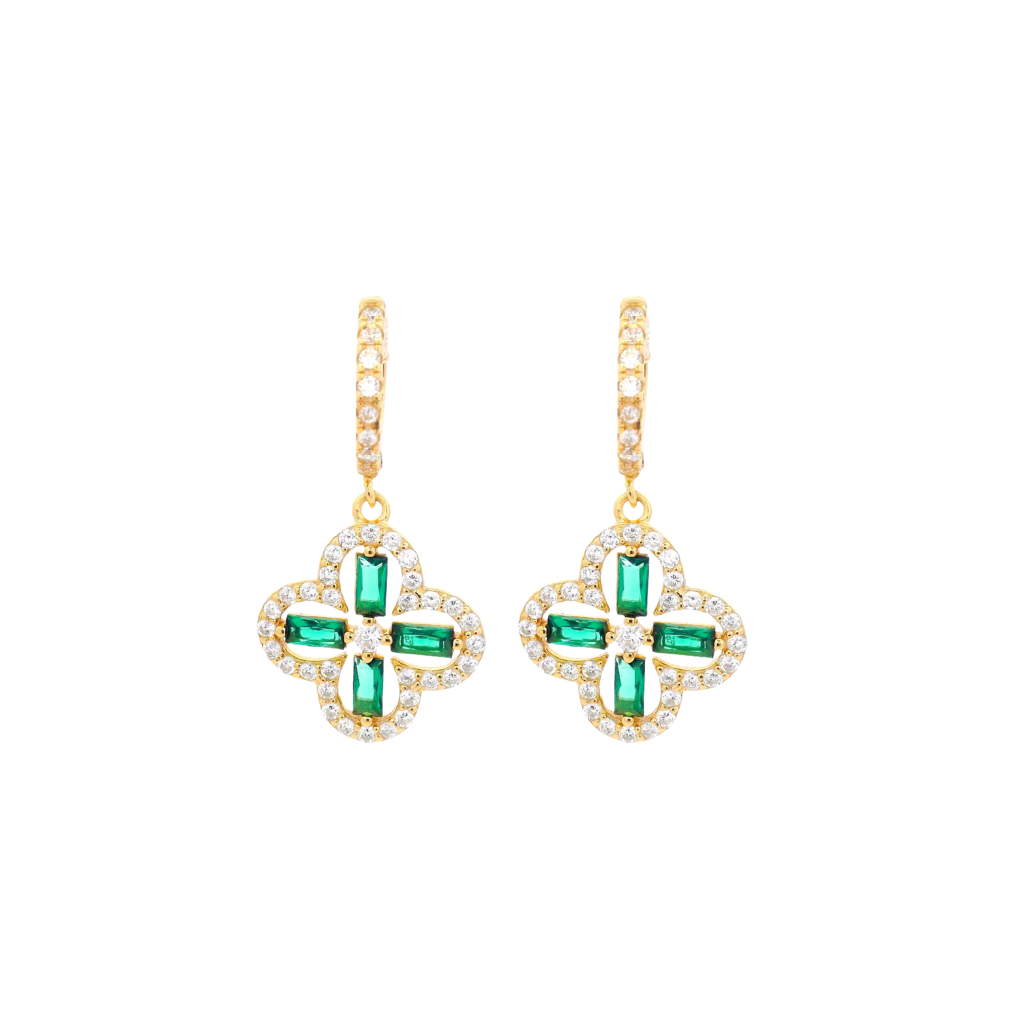 925YG OUTLINE CLOVER CZ GREEN EARRINGS